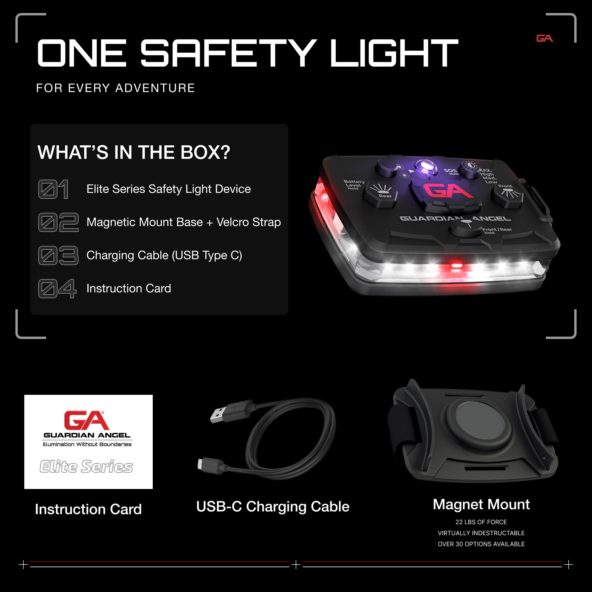 Guardian Angel Elite Series Safety Light, Infrared-Hybrid - White Front & Red Rear - Rechargeable, Magnetic, Hands-Free Wearable