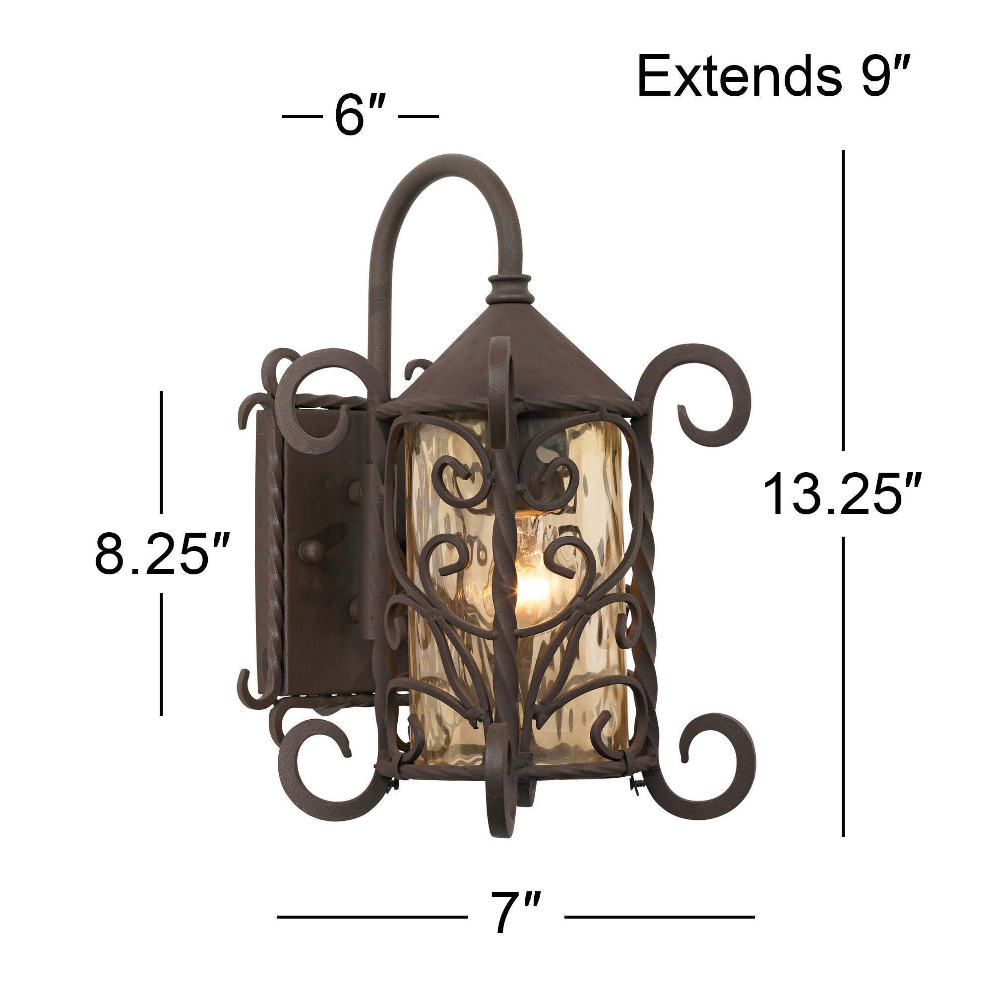 John Timberland Casa Seville Rustic Outdoor Wall Light Fixture Dark Walnut Scroll 13 1/4&quot; Champagne Hammered Glass For Exterior House Porch Patio Outside Deck Garage Yard Front Door Garden Home