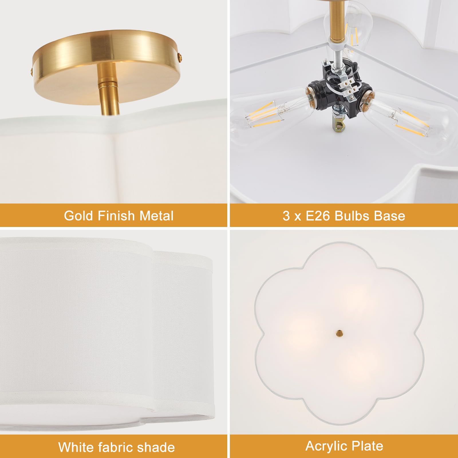 Widluth Modern Gold 3-Light Drum Ceiling Light Fixture, Vintage Linen, 18" Size, Ideal for Kitchen, Dining Room, Bedroom, Model XT203-Gold