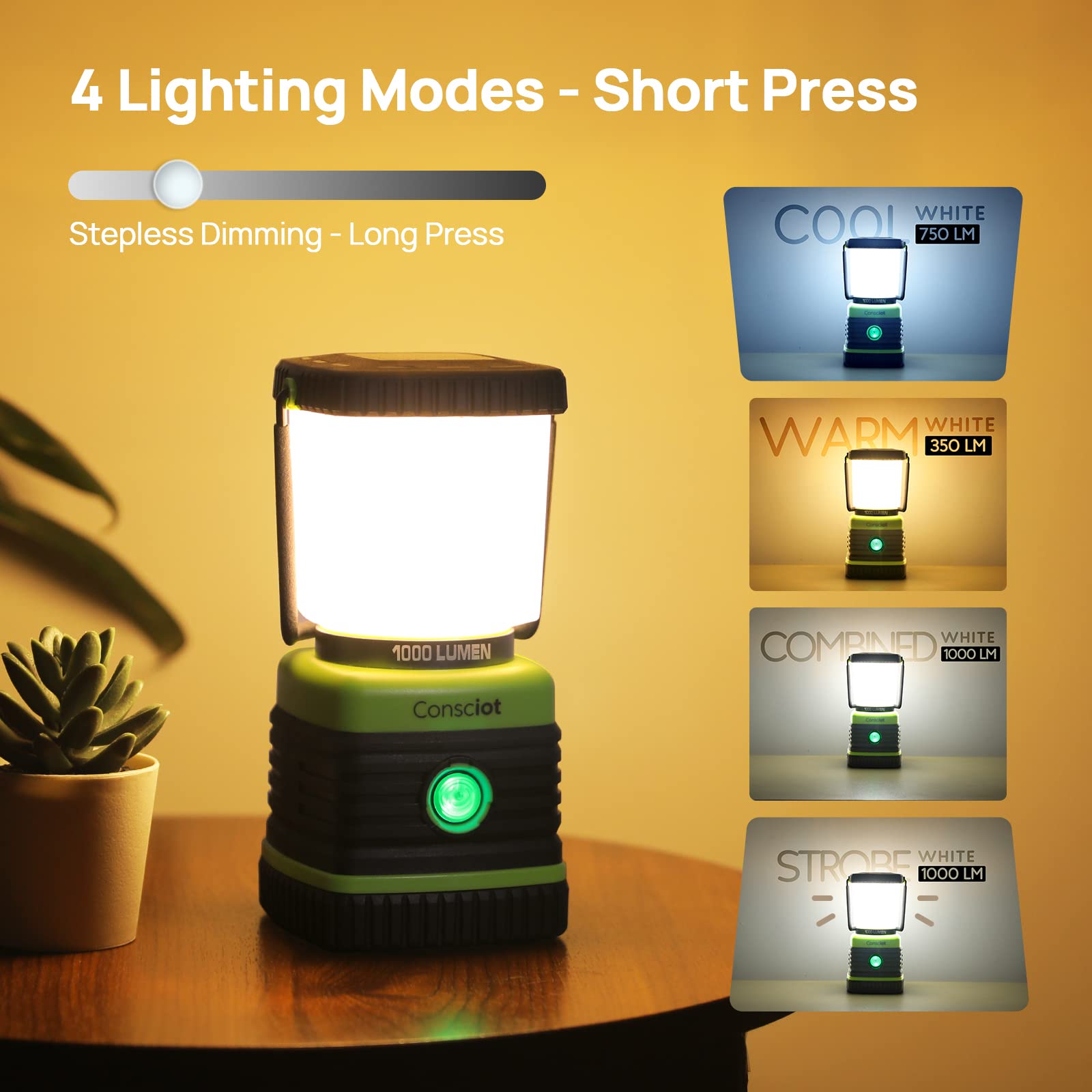 LED Camping Lantern, Consciot Battery Powered Camping Lights, 1000LM, 4 Light Modes, IPX4 Waterproof Tent Lights, Portable Flash
