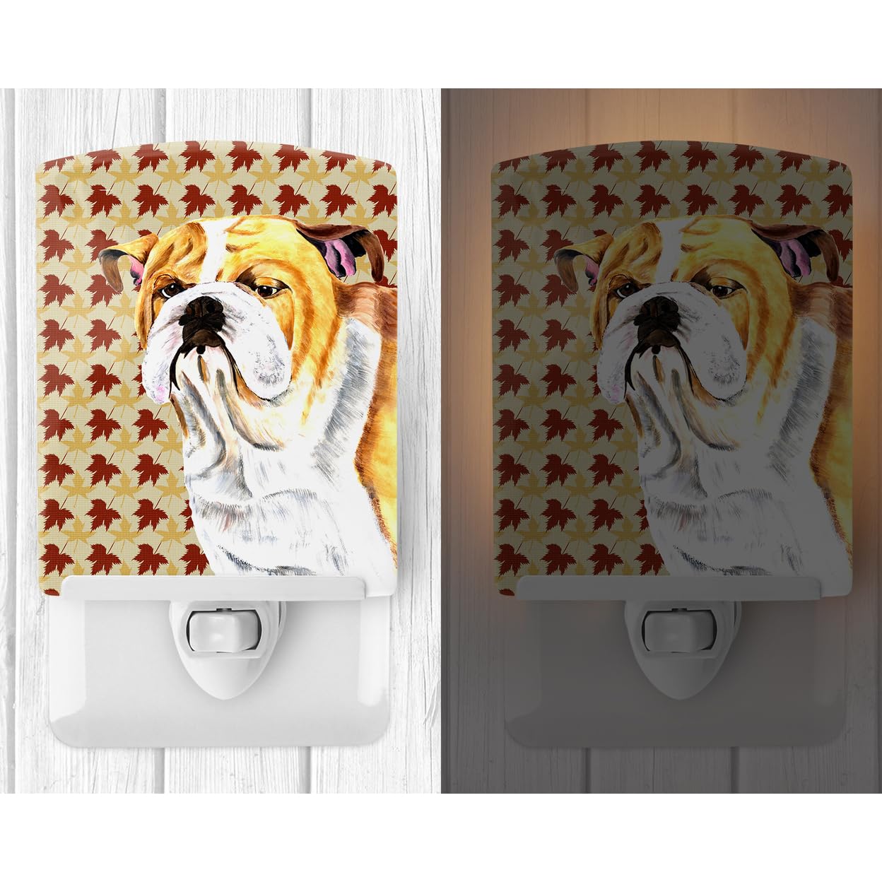 Caroline'S Treasures Sc9214Cnl Bulldog English Fall Leaves Portrait Ceramic Night Light Compact, Ul-Certified, Ideal For Bedroom, Bathroom, Nursery, Hallway, Kitchen, 6X4X3, Multicolor