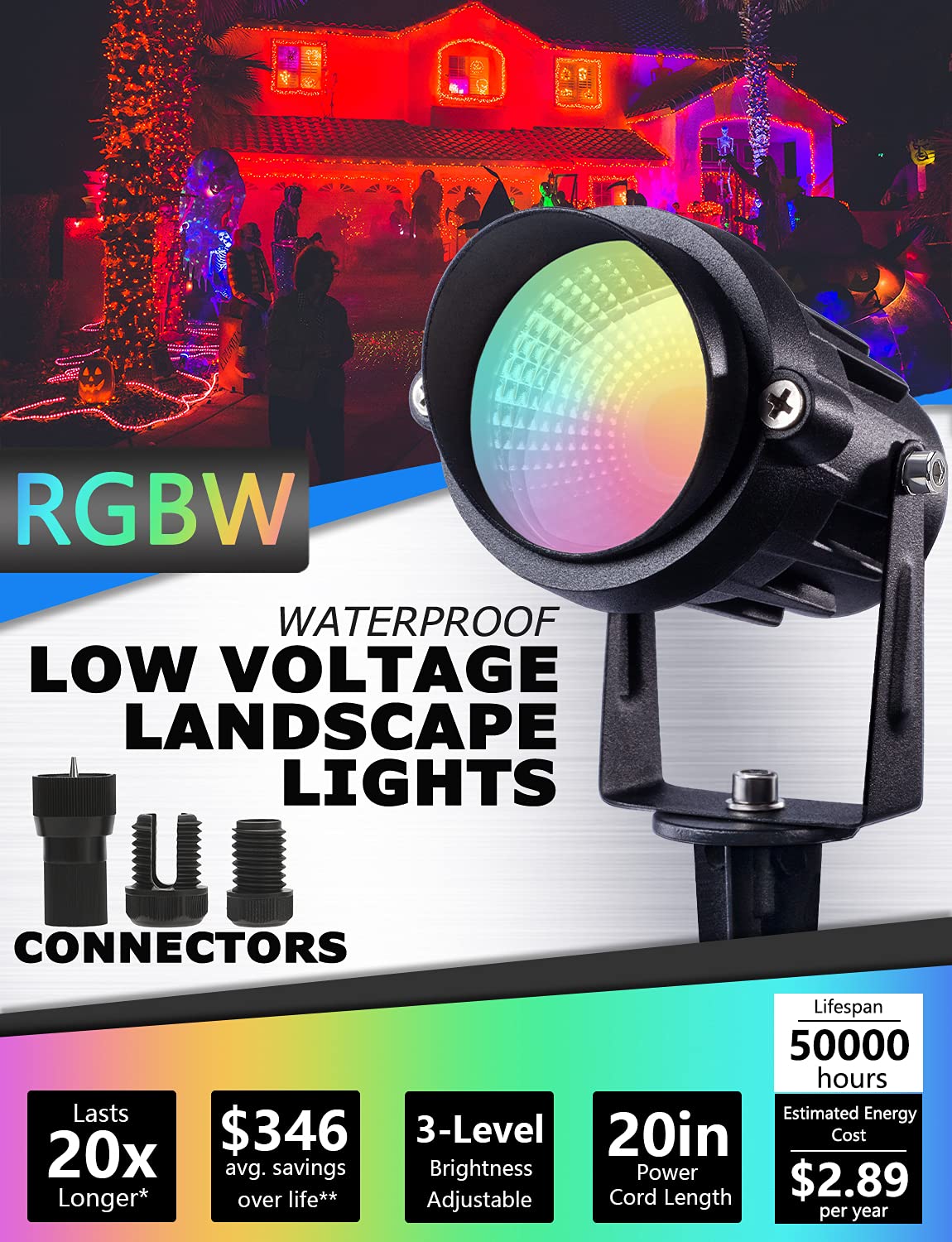 SUNVIE RGBW Low Voltage Landscape Lights, 24 Pack, 12W LED Color Changing, Black, Waterproof Outdoor Spotlight, Model 603977462774