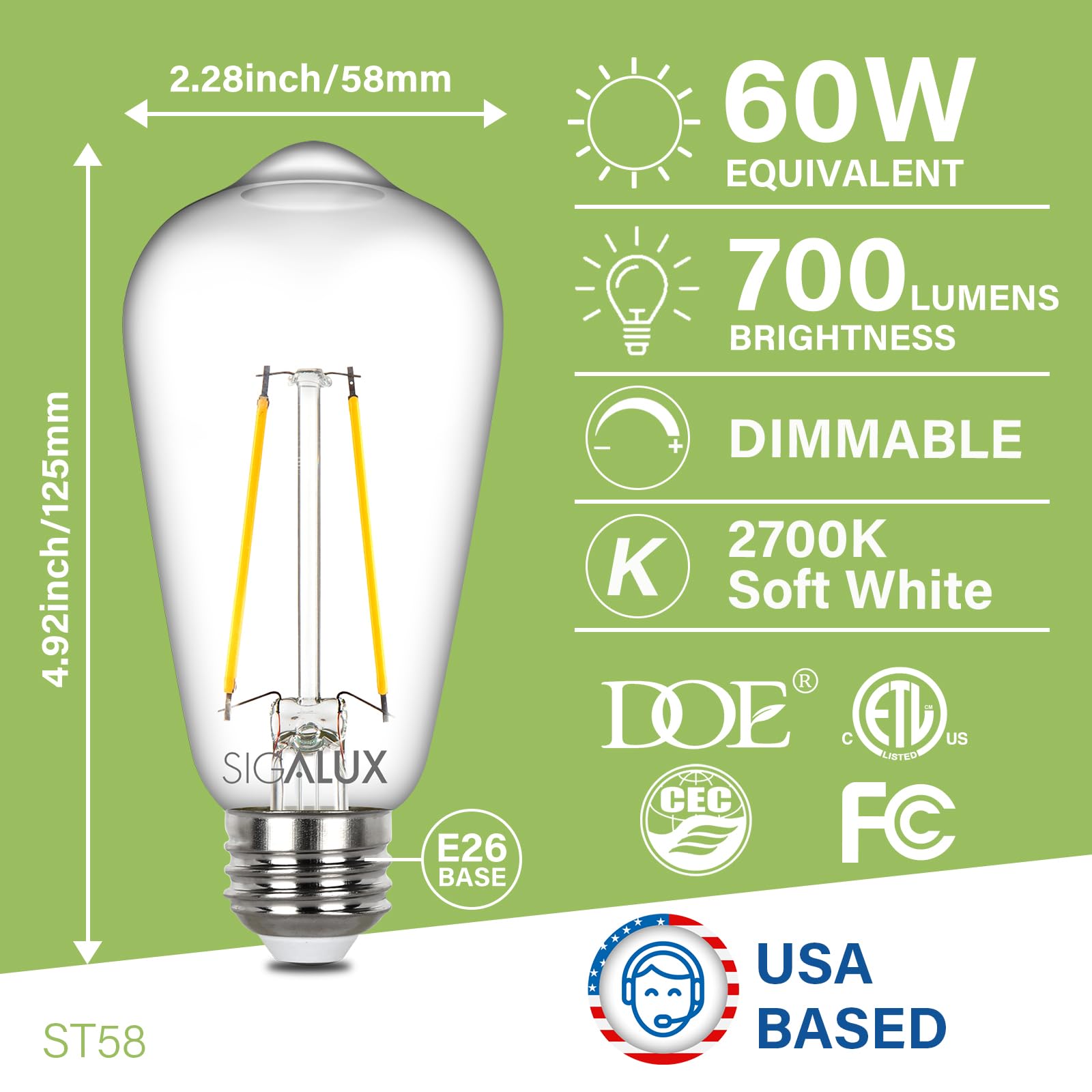 Sigalux Dimmable Edison Light Bulbs, 60W Equivalent, Soft White 2700K, Clear, 12 Count, Model 4256692700