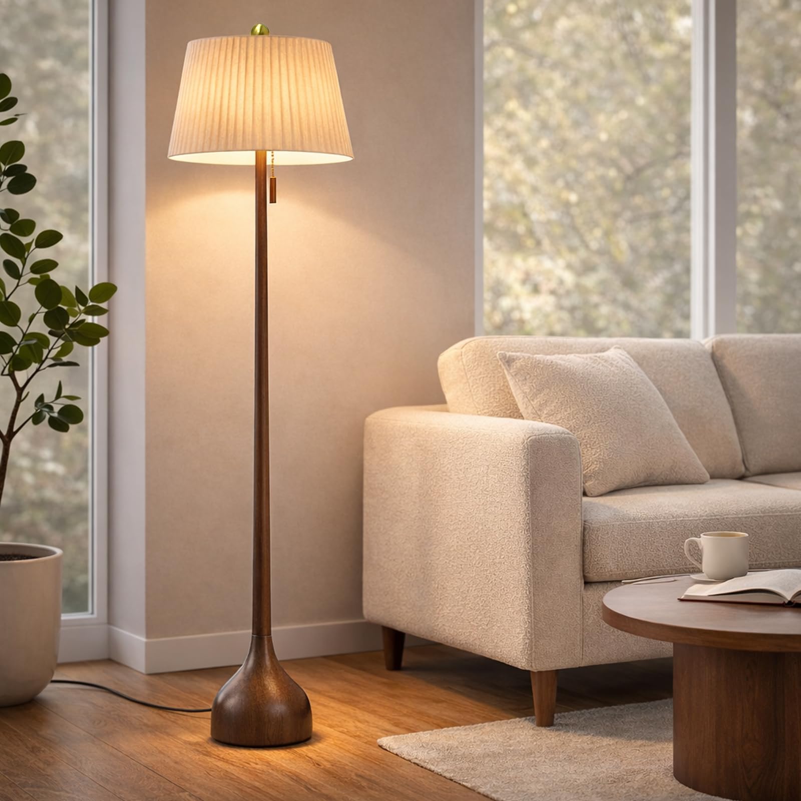 MOFFE 65 Mid Century Modern Vintage Real Wood Floor Lamp with 2 Shades for Two Looks,Sculptural Standing Lamp with Teardrop Base