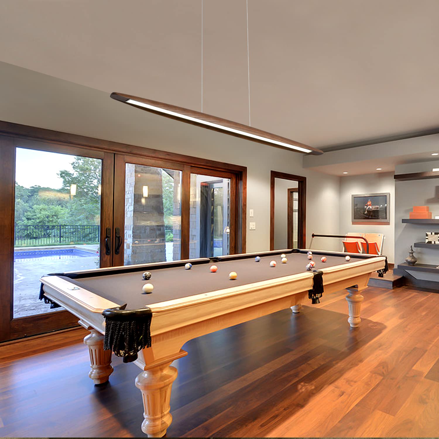 Yisdesign Walnut Wood Linear Pendant Light Fixture, 59In Dimmable Chandelier For Dining Room