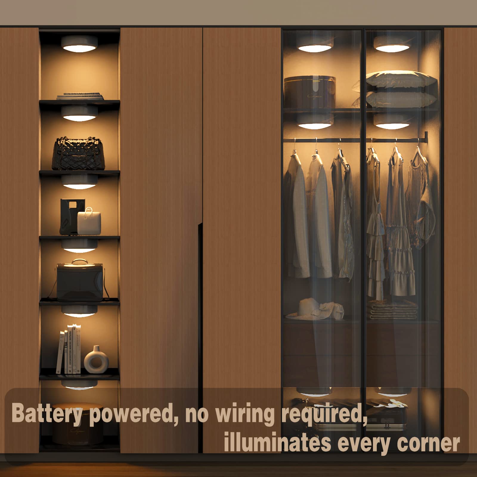 ILYXY LED Under Cabinet Puck Lights, Dimmable, Battery Operated, 6 Pack, White, Wireless, Multicolor Transformation