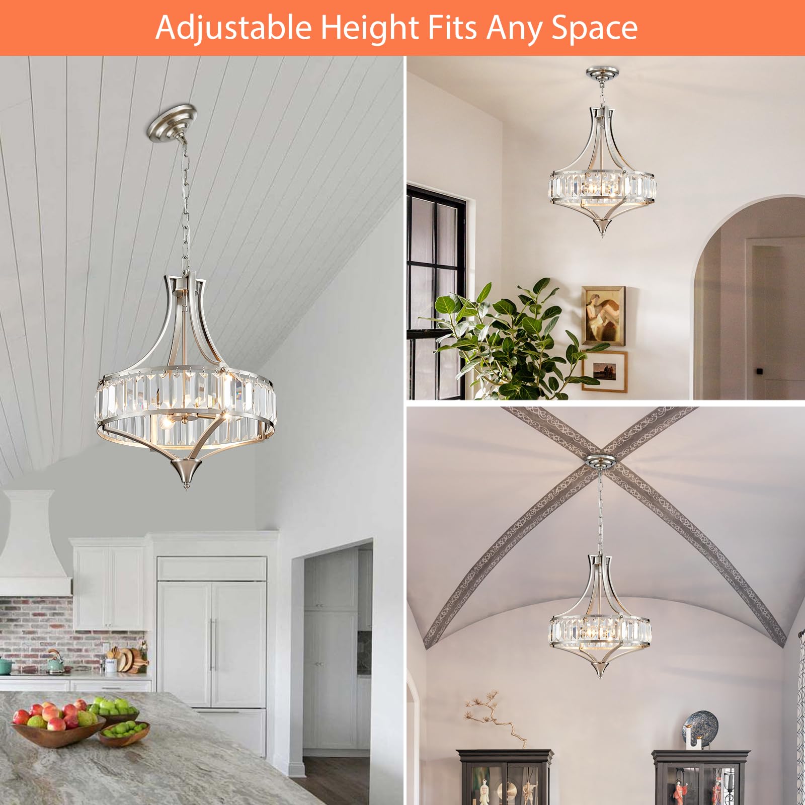 Majhoiw 4-Light Rustic Farmhouse Chandelier, Round Metal Shade, Brushed Nickel, Ideal for Dining Room, Hallway, Bedroom, Foyer