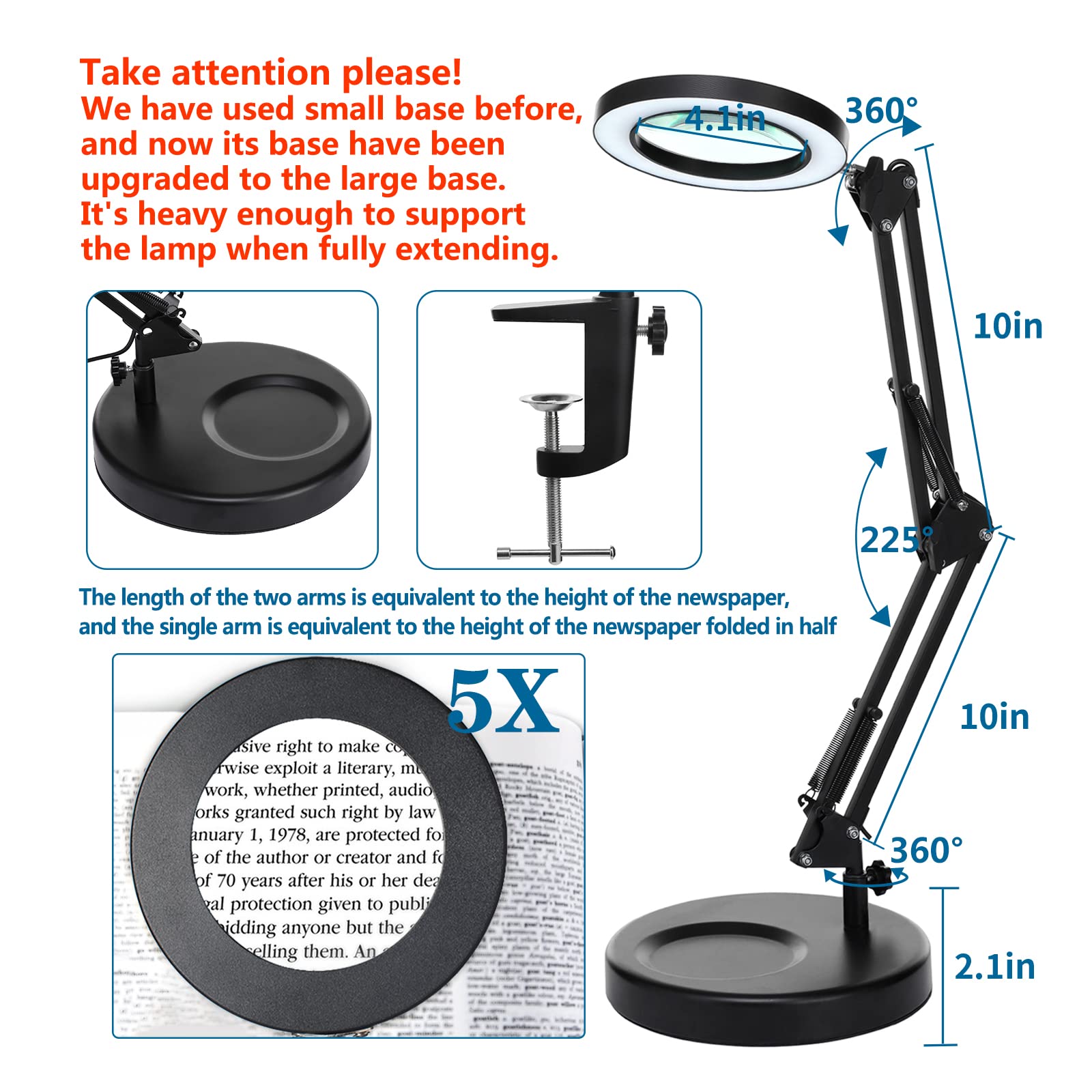 Hitti ?Upgraded? 5X Led Magnifying Lamp, 1,800 Lumens Stepless Dimmable, 3 Color Modes, 8-Diopter 4.2 Real Glass Lens Magnifier