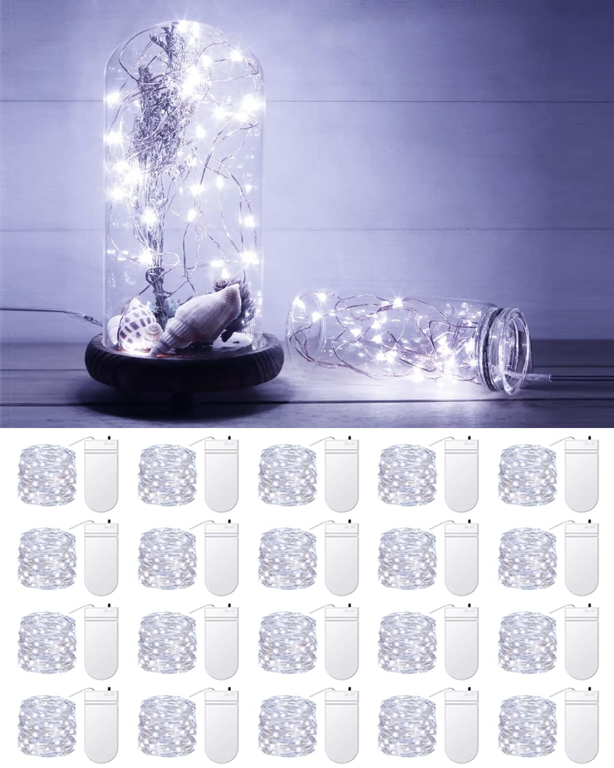 20 Pack Fairy Lights Battery Operated 3.3Ft 20 Led Mini String Lights Twinkle Lights Copper Wire Firefly Starry Lights For Mason Jars Wedding Party Christmas Centerpiece Table Decorations, Cool White