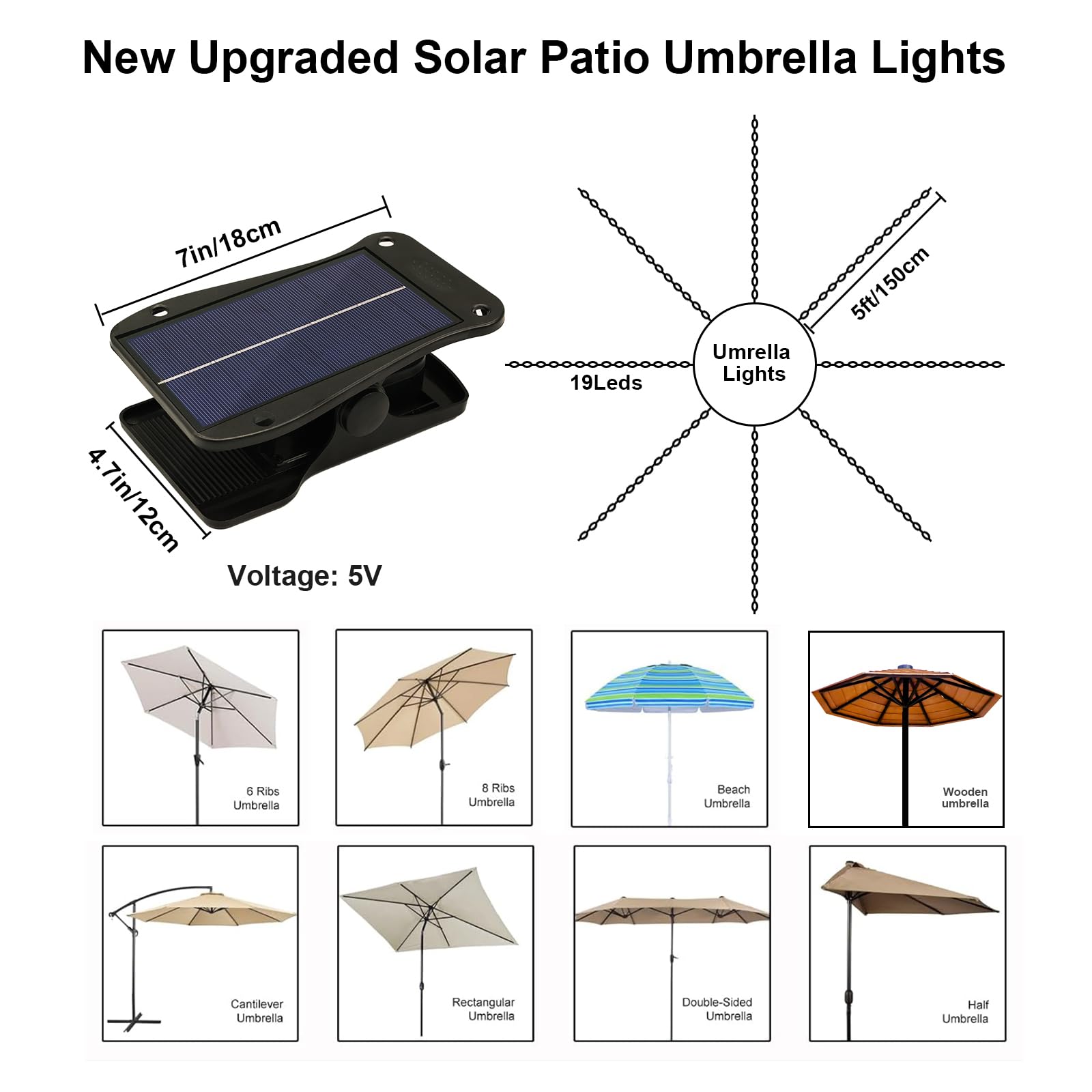 ZNYCYE Patio Umbrella Solar Lights with 8 Modes - Upgraded Larger Solar Panel Clip 5V 152 LEDs 8 Strands Umbrella Lights Outdoor
