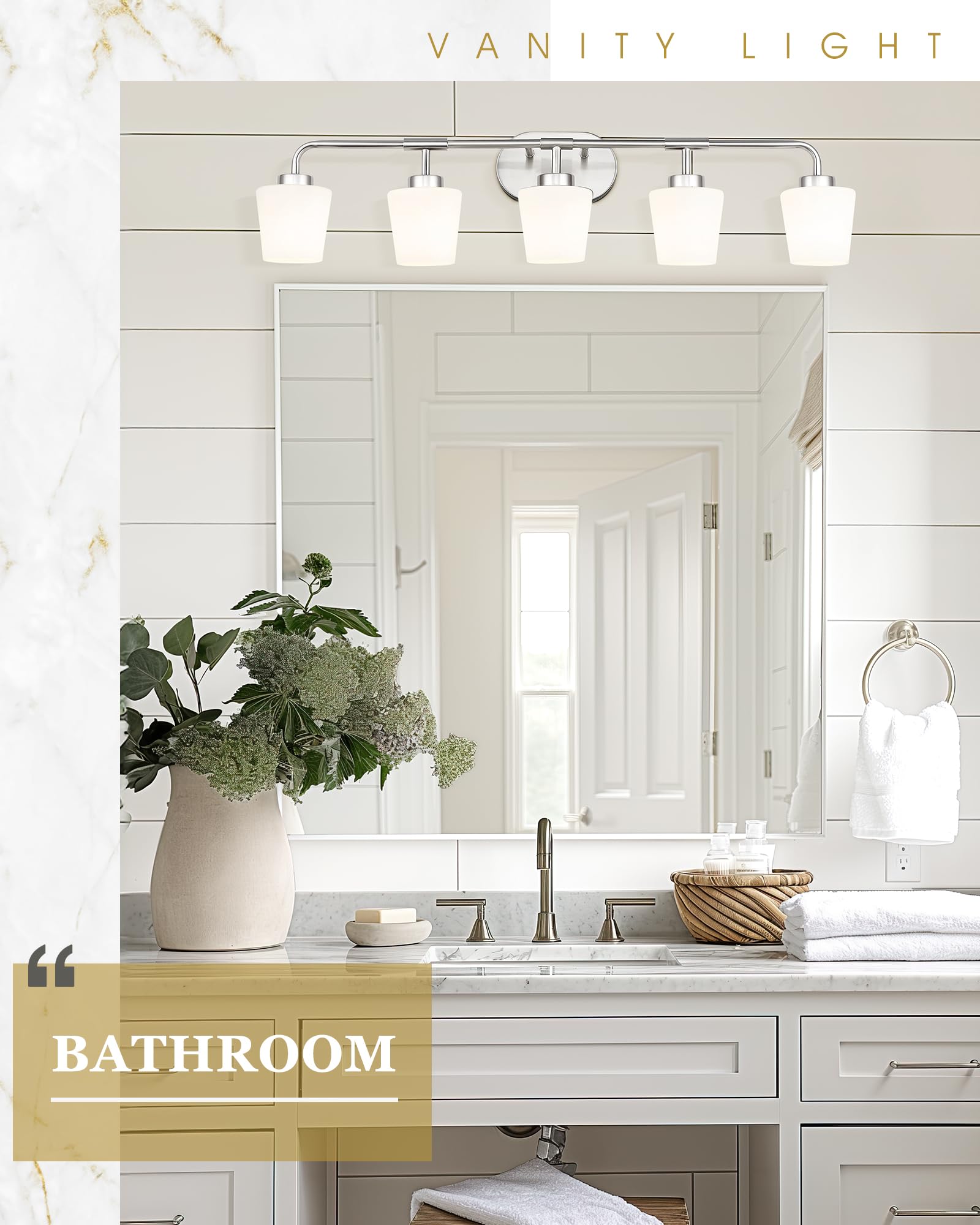 Audickic Bathroom Light Fixtures Over Mirror, 5-Light Brushed Nickel Vanity Lighting Fixtures With Milk White Glass, 38Inch Farm