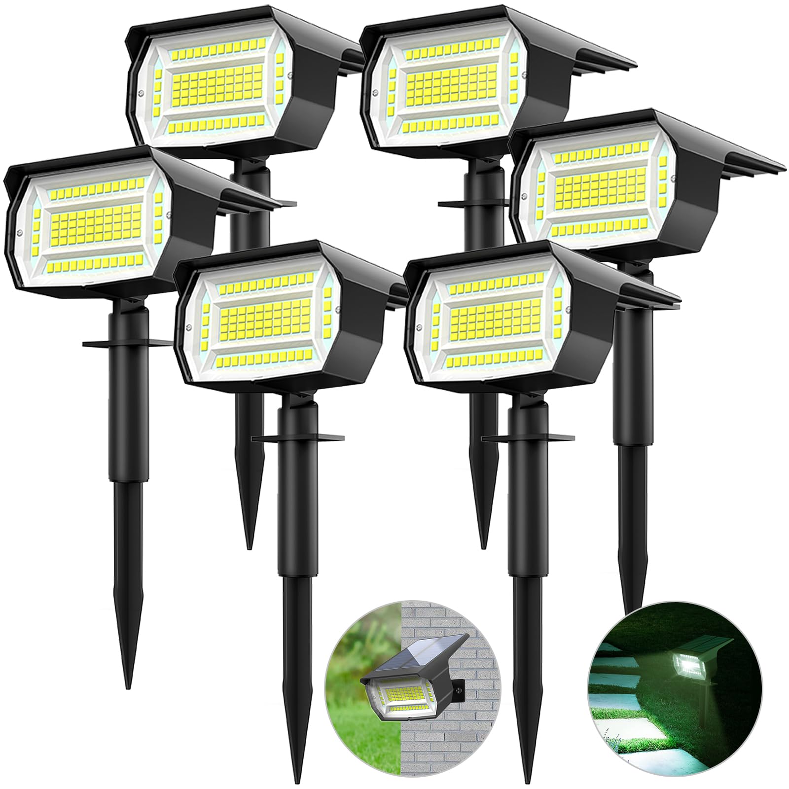 Lotmos 6 Pack Solar Spot Lights, 72 Led, 3 Modes, Ip67 Waterproof For Yard & Garden, Cool White