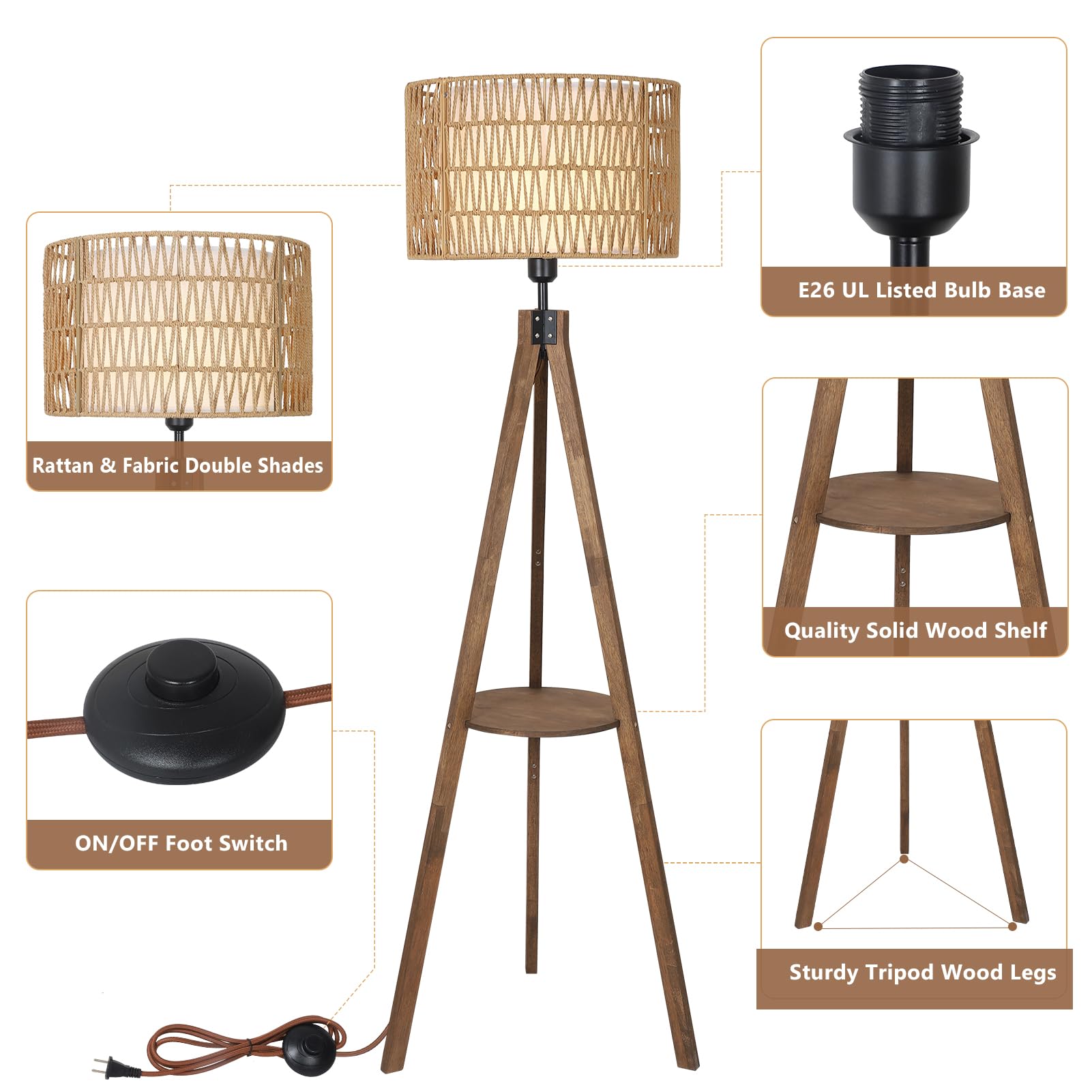 Lamsu Boho Tripod Floor Lamps For Living Room, Rattan Wood Floor Lamp With Fabric Shades, Mid Century Standing Lamp With Shelf, Foot Switch, Modern Farmhouse Tall Lamps For Bedroom Office Brown