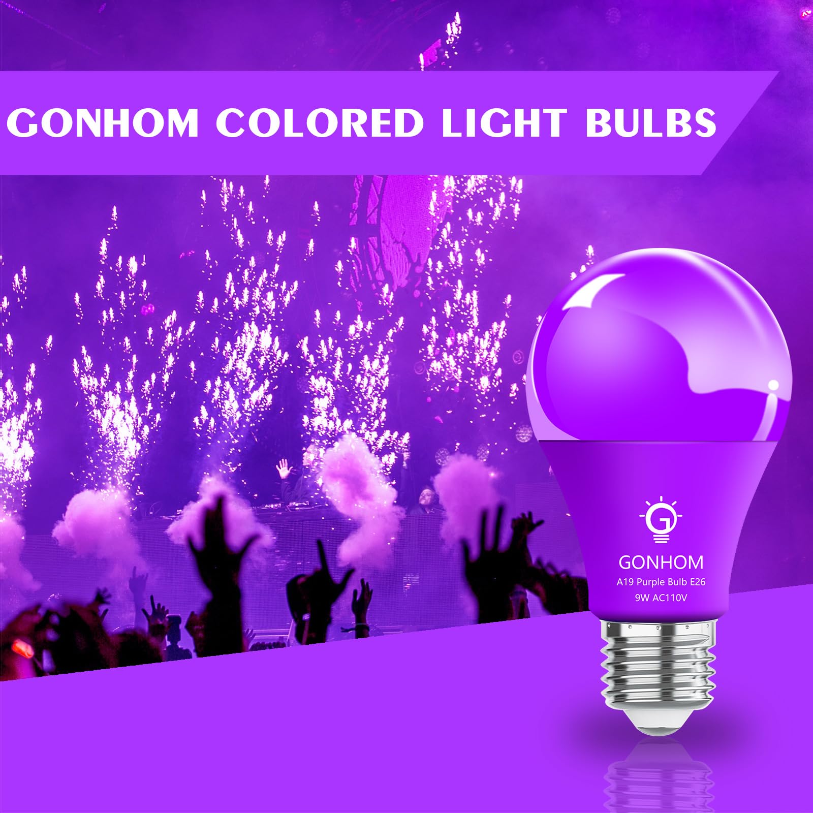 Gonhom 4 Pack A19 LED Purple Light Bulb,9 Watt Purple Lights Equivalent 100 Watt Colored Light Bulbs,E26 Base Purple LED Lights