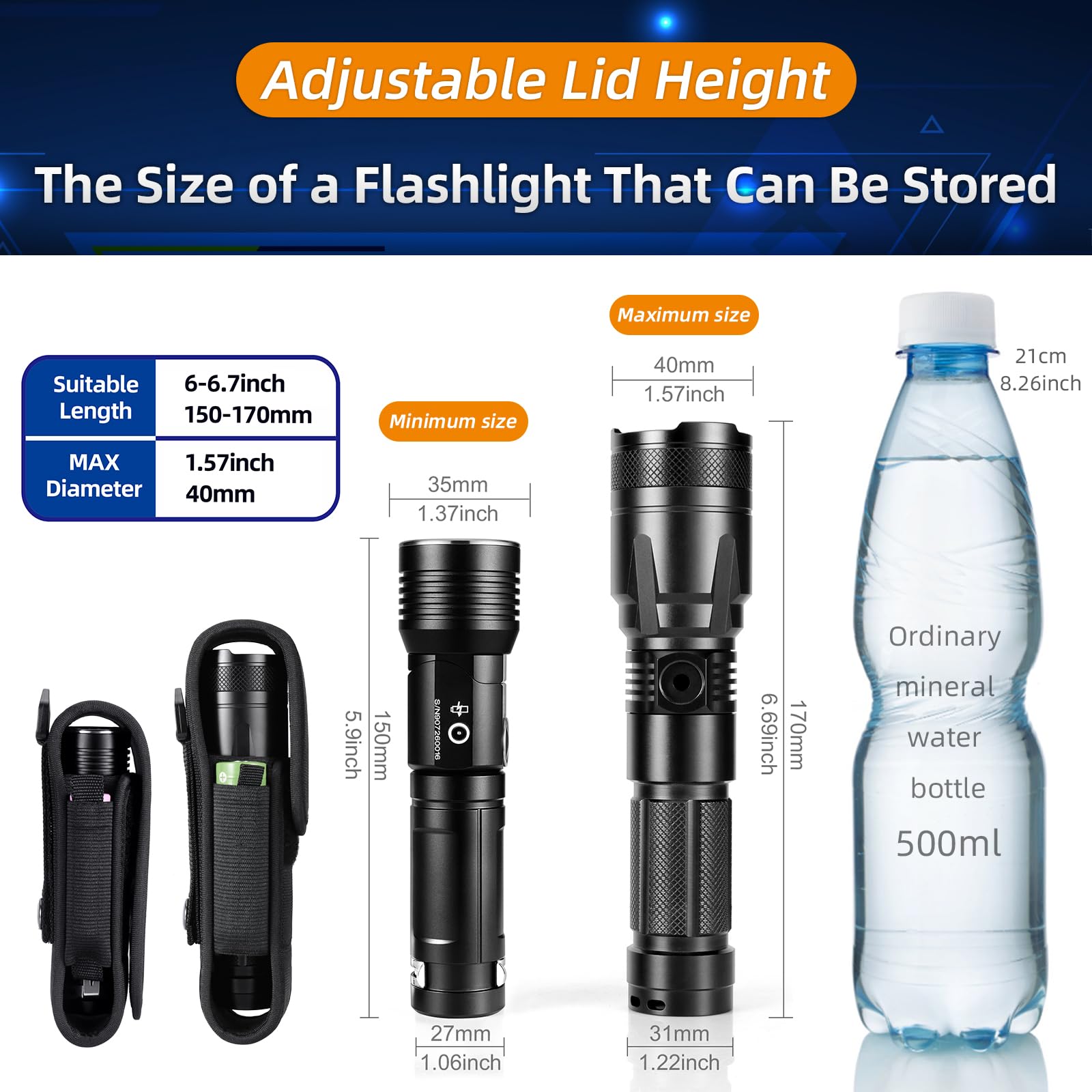 LIGHTFE T310 Tactical Flashlight Holster - Adjustable Pouch for 6"-6.7" Flashlights, Durable, Color: T310