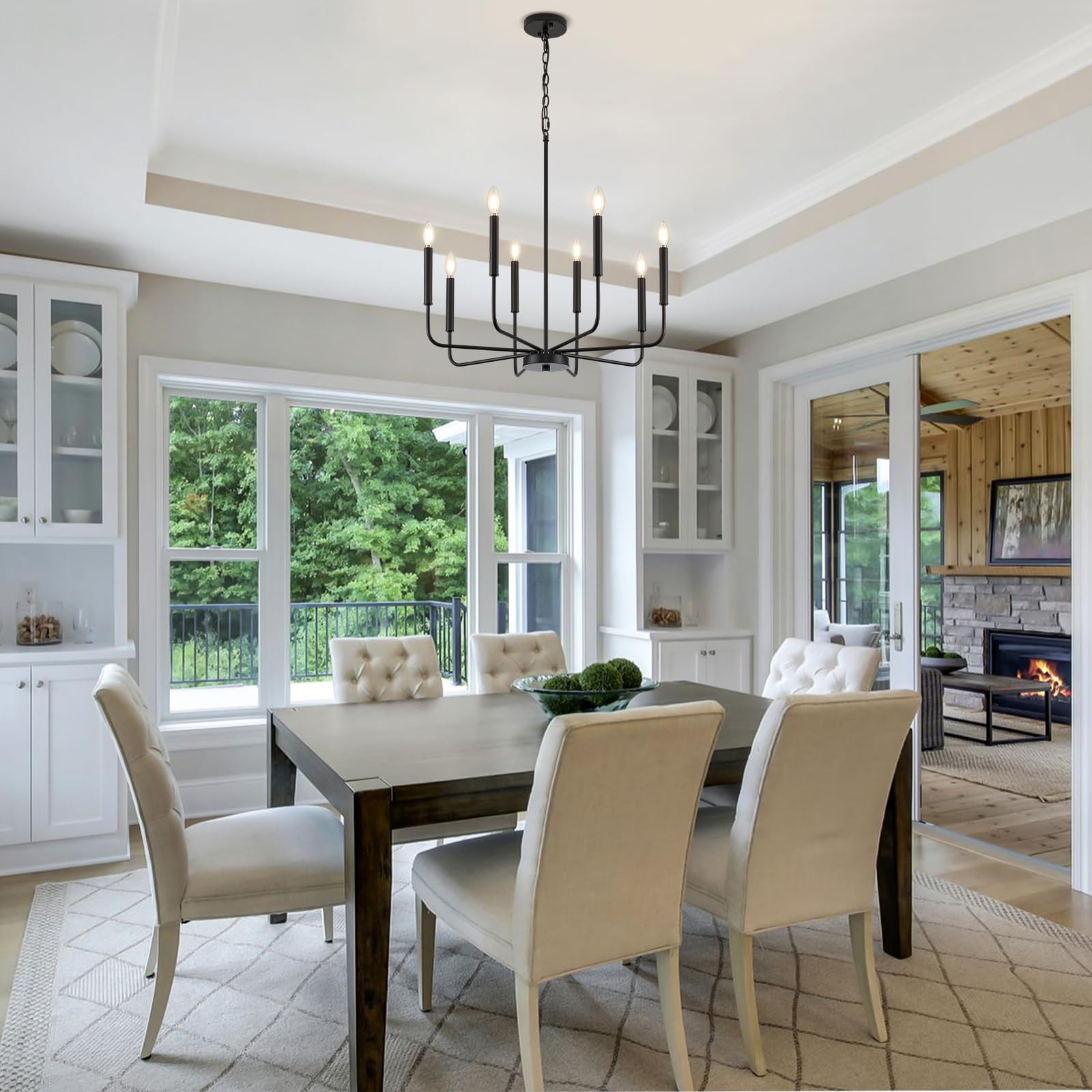 Onesming Modern Black Chandelier For Dining Room,Metal 8-Light Kitchen Light Fixtures, Farmhouse Candle Hanging Pendant Light For Living Room Entryway Foyer Bedroom (Bulbs Not Included)