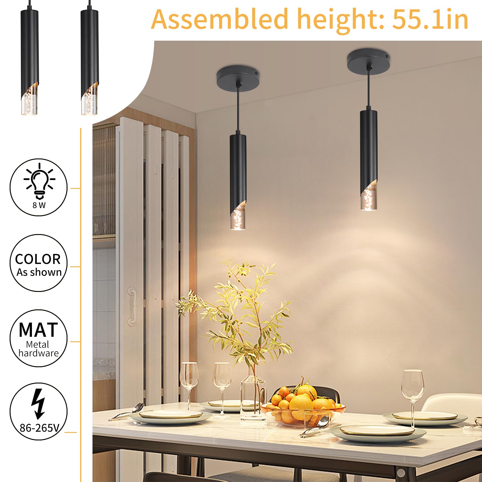 Minimalist Kitchen Island Pendant Lights  Black Modern Linear Hanging Light Fixture  Bubble Acrylic  Adjustable 2700K/4500K/6500K  Led Ceiling Lighting For Dining Room  Bedside  Bathroom  Bar
