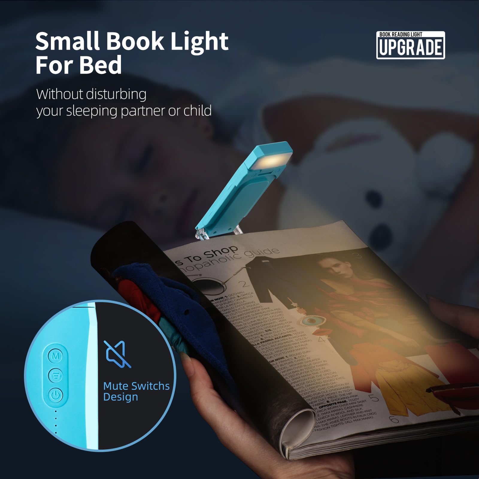 EGWASER USB Rechargeable Book Light - Clip-on LED, 3 Amber Colors, 3 Brightness Levels, 500mAh Blue, Eye-Caring for Reading in Bed