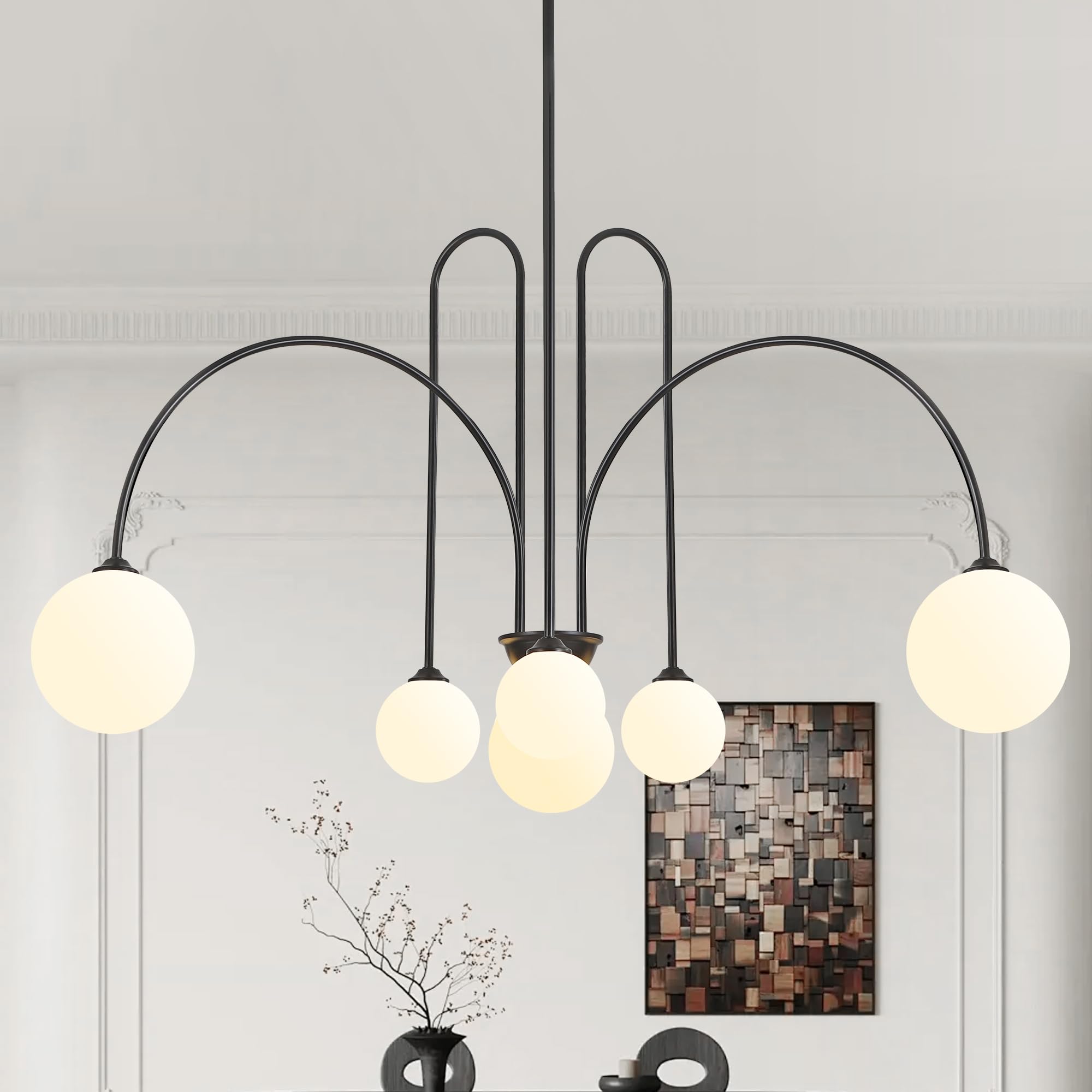 Kveosv Black Sputnik Chandelier,6 Lights Mid Century Chandelier for Dining Room Light Fixtures Large L49    Ceiling Pendant Ligh