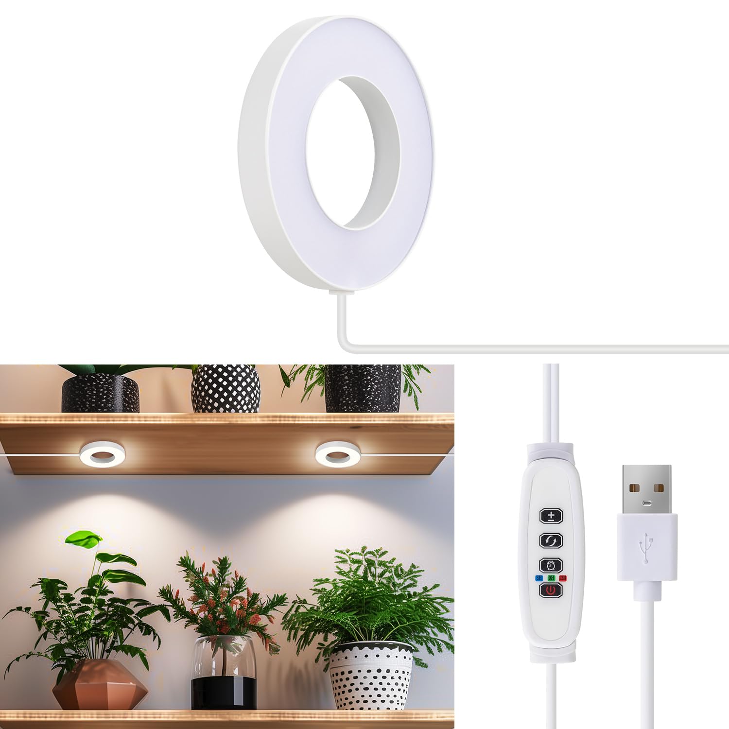 SIYOMG Ceiling Grow Lights for Indoor Plants, 48 LEDs Full Spectrum Halo LED Plant Light, with 3/9/12H Auto Timer Switch, 3 Colo
