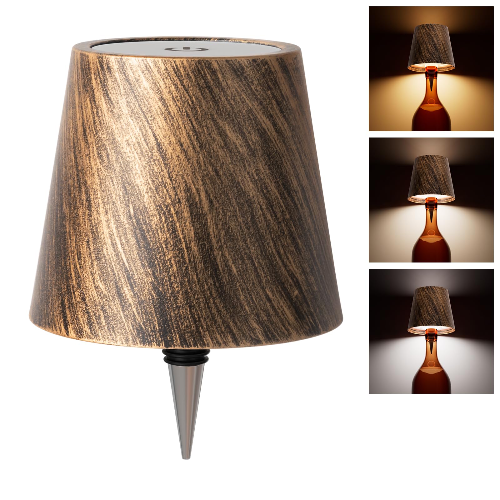 WOKWOYIO Wireless Bottle Lamp, Rechargeable LED Light, 3 Color Temperatures, Bronze, Model YC012NA
