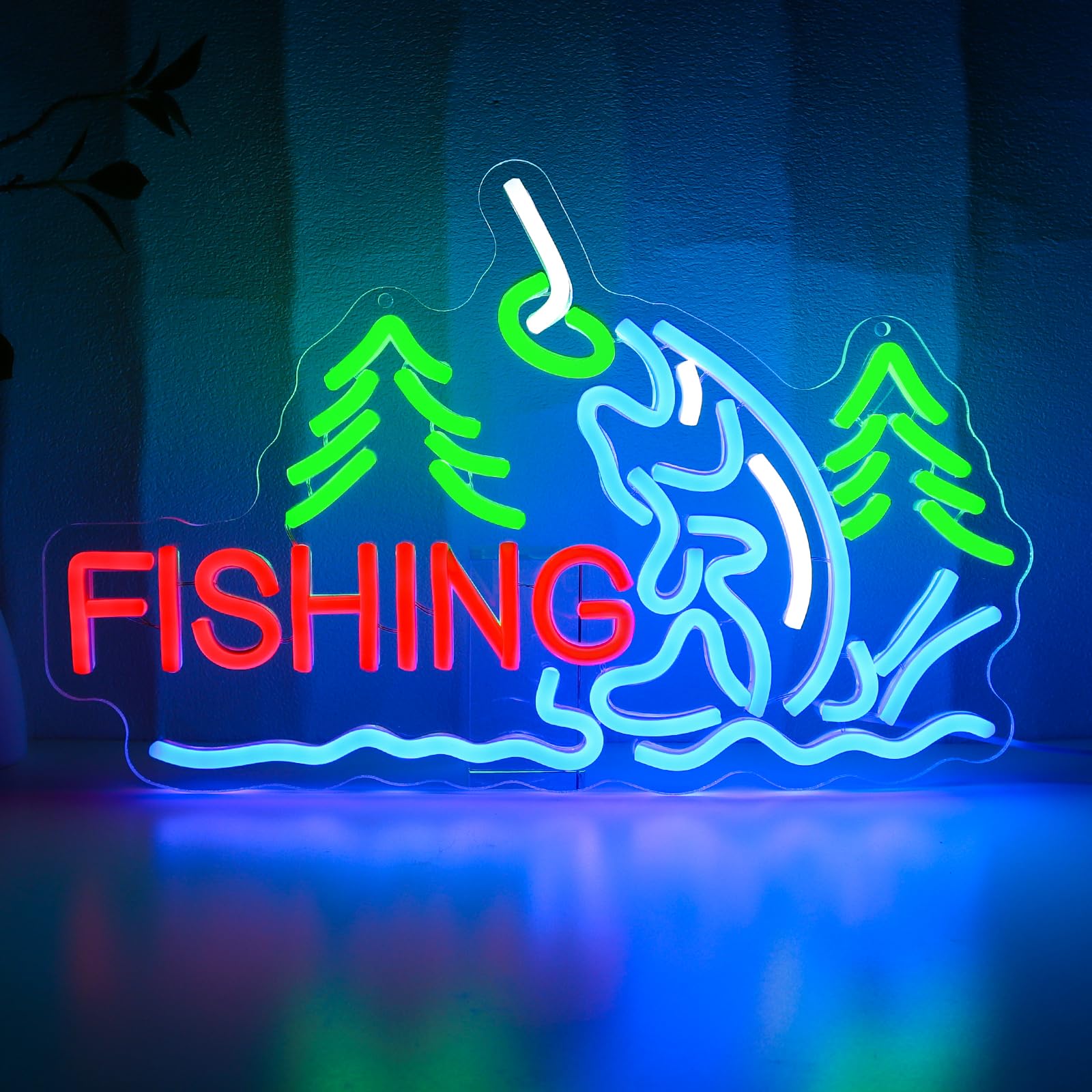PMCVYH Neon Fishing Wall Sign, USB Dimmable LED Light, Multi-colored Acrylic Decor for Man Cave, Bedroom, Game Room, Model SYL-Fishing