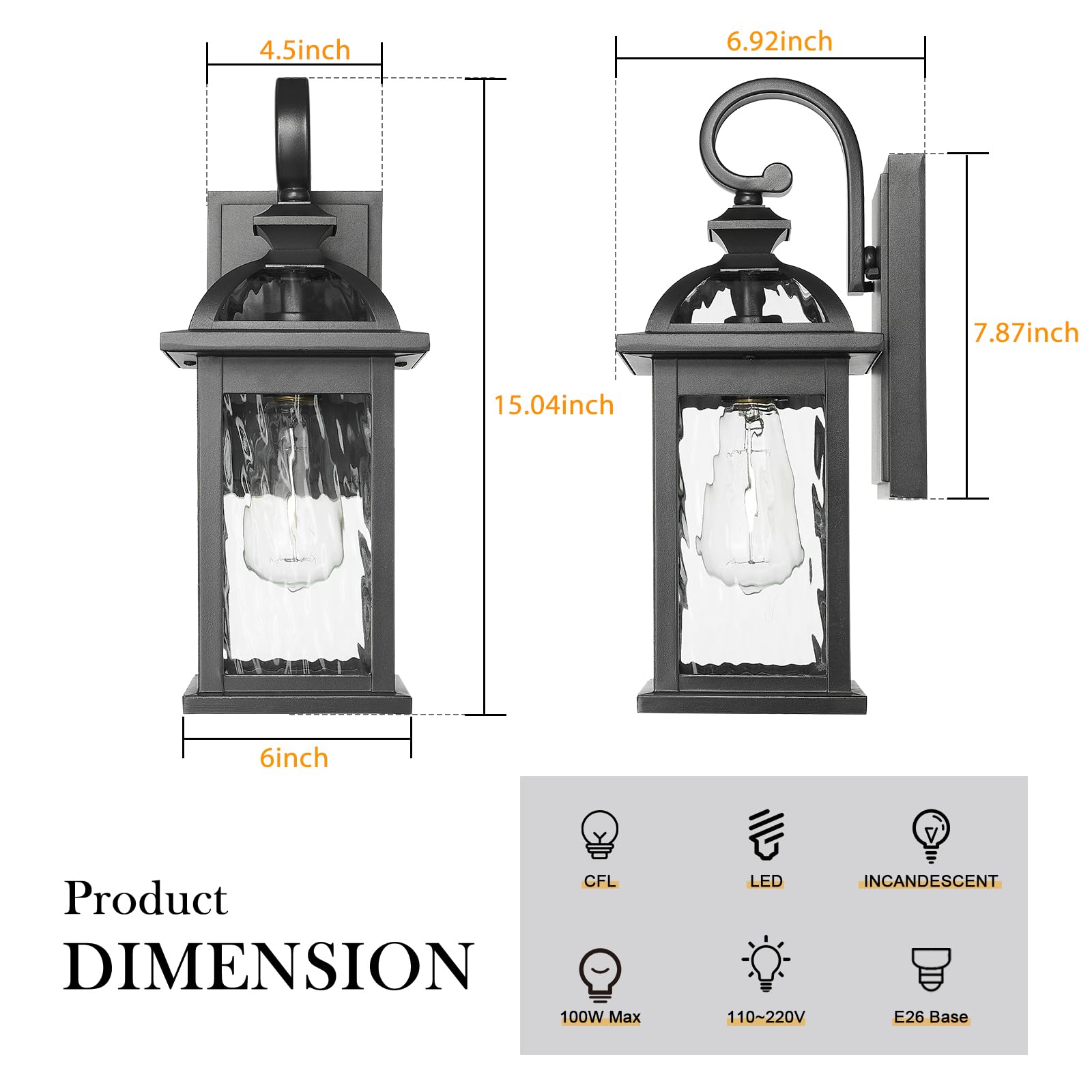 Darkaway Outdoor Wall Light Fixture, Waterproof Black Sconce with Water Ripple Glass, 15" Size, 2 Pack, Model 6D5B-2PK BK+SW