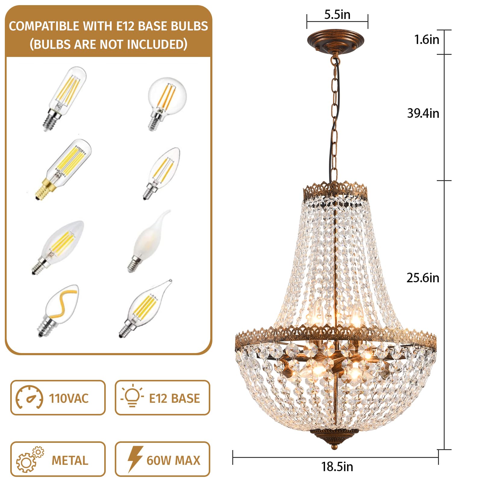 KAIQI 6-Light French Empire Crystal Chandelier, Antique Bronze, 25.6"H x 18.5"W, Perfect for Dining Room, Bedroom, Foyer, Living Room