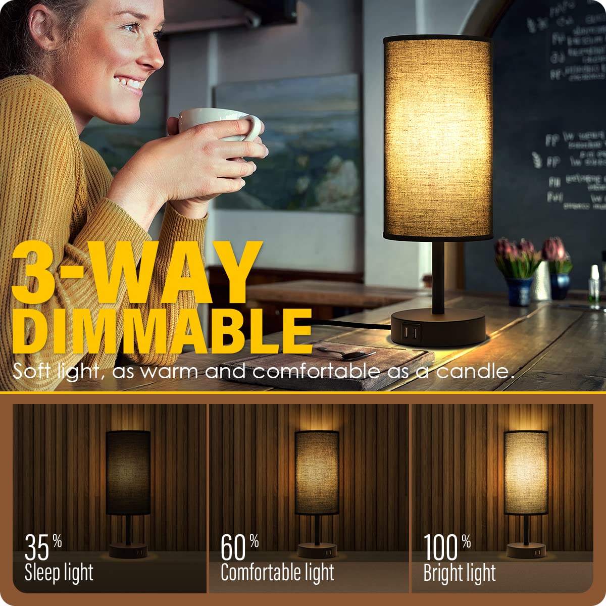 Yarra-Decor Bedside Lamps Set of 2 - Touch Control, 3 Way Dimmable, Black Fabric Shade, Model Y-2 Black
