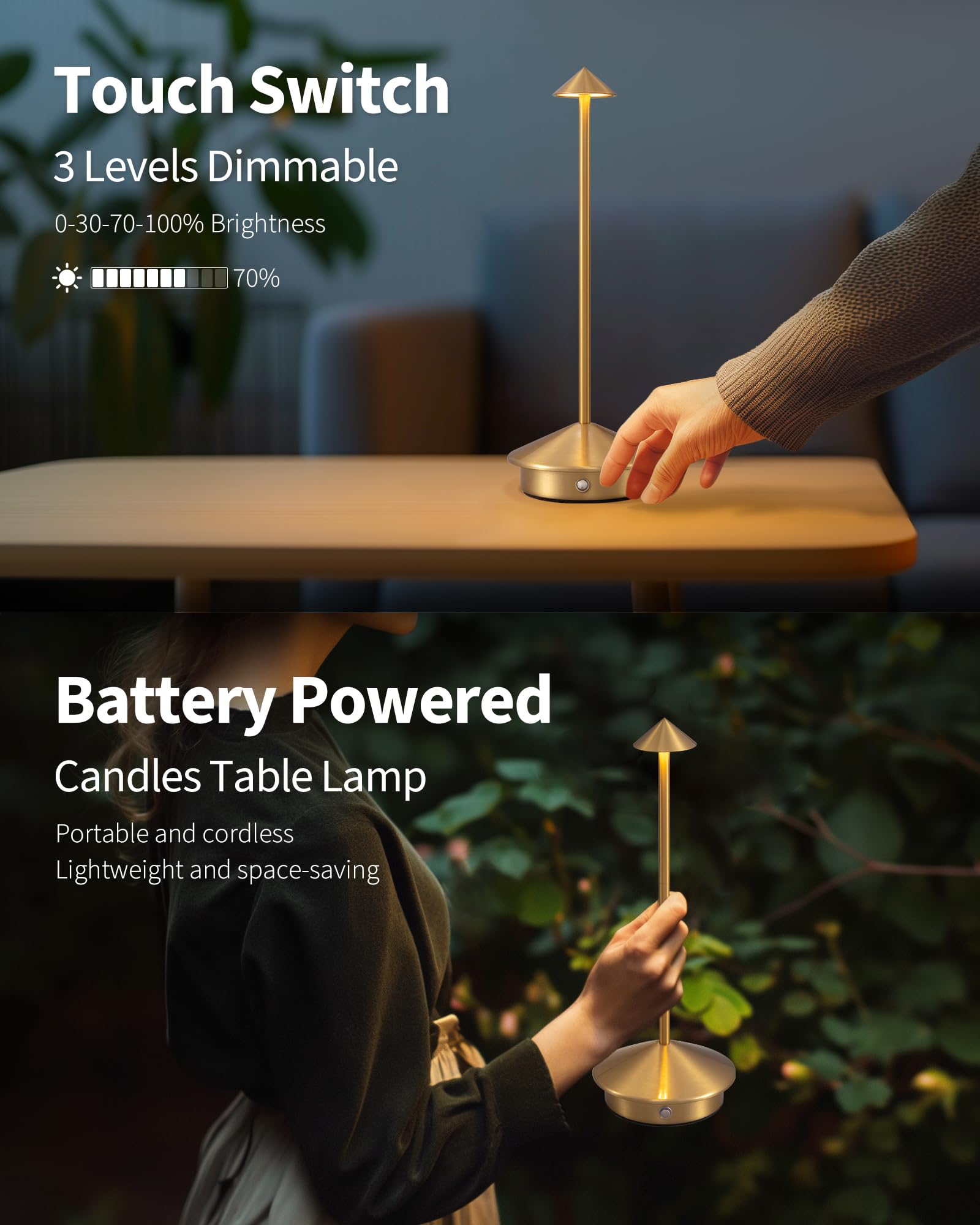 Newsee Cordless Table Lamp Set Of 2, Gold Led Desk Lamps With Rechargeable Battery, Portable Lighting