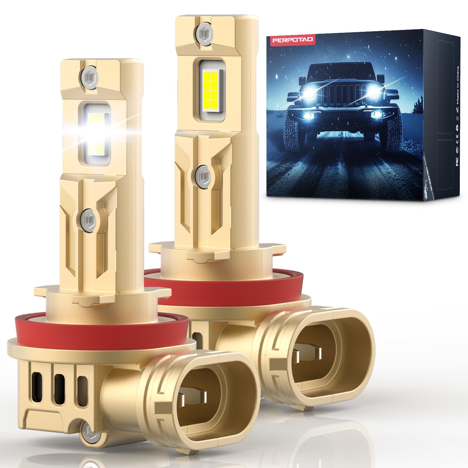 PERPOTAO H11 Bulbs, Up to 40 Years Lifespan, 800% Ultra-Brightness H8/H9, 46000LM, 1:1 Halogen Mini Size, 6000K White,Plug-and-P
