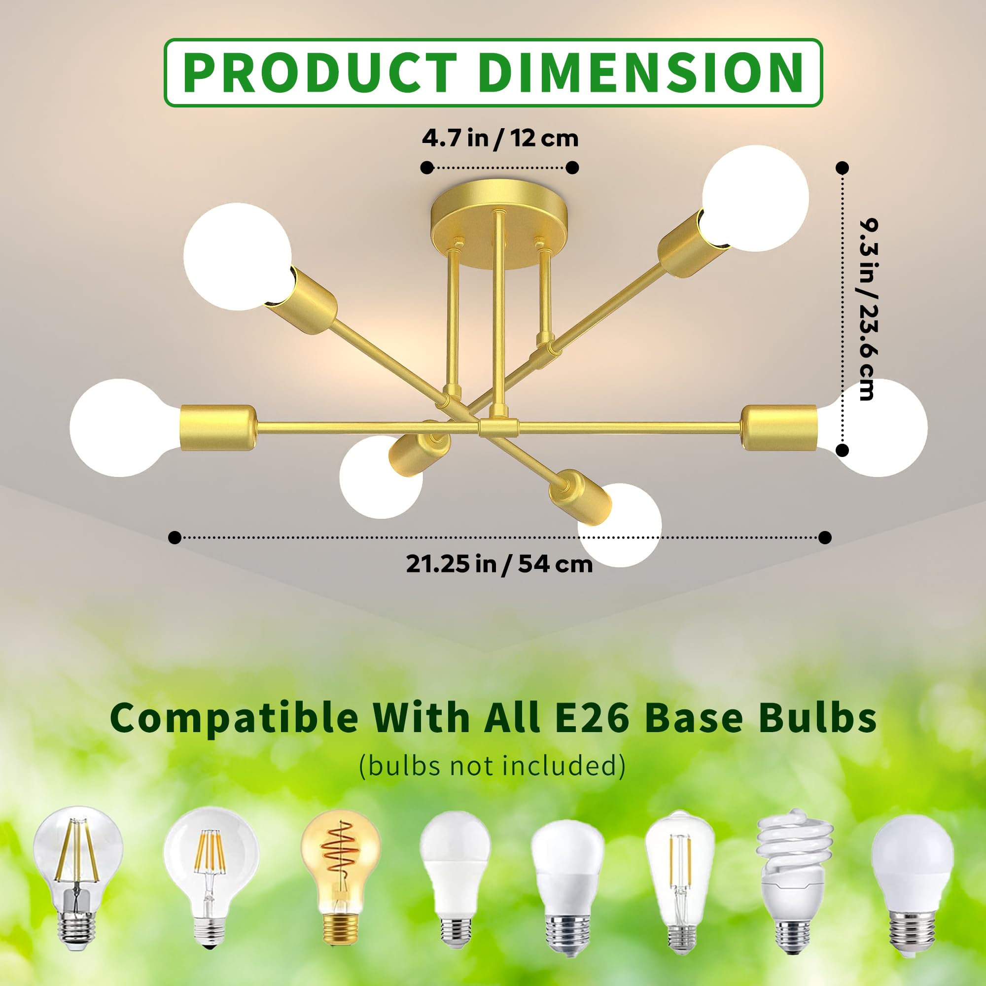 Phaosio Modern Sputnik Chandelier  6-Light 22  Semi Flush Mount Ceiling Light Fixture With E26 Base  Mid Century Industrial Lighting For Bedroom  Dining Room  Living Room-Sparkling Gold