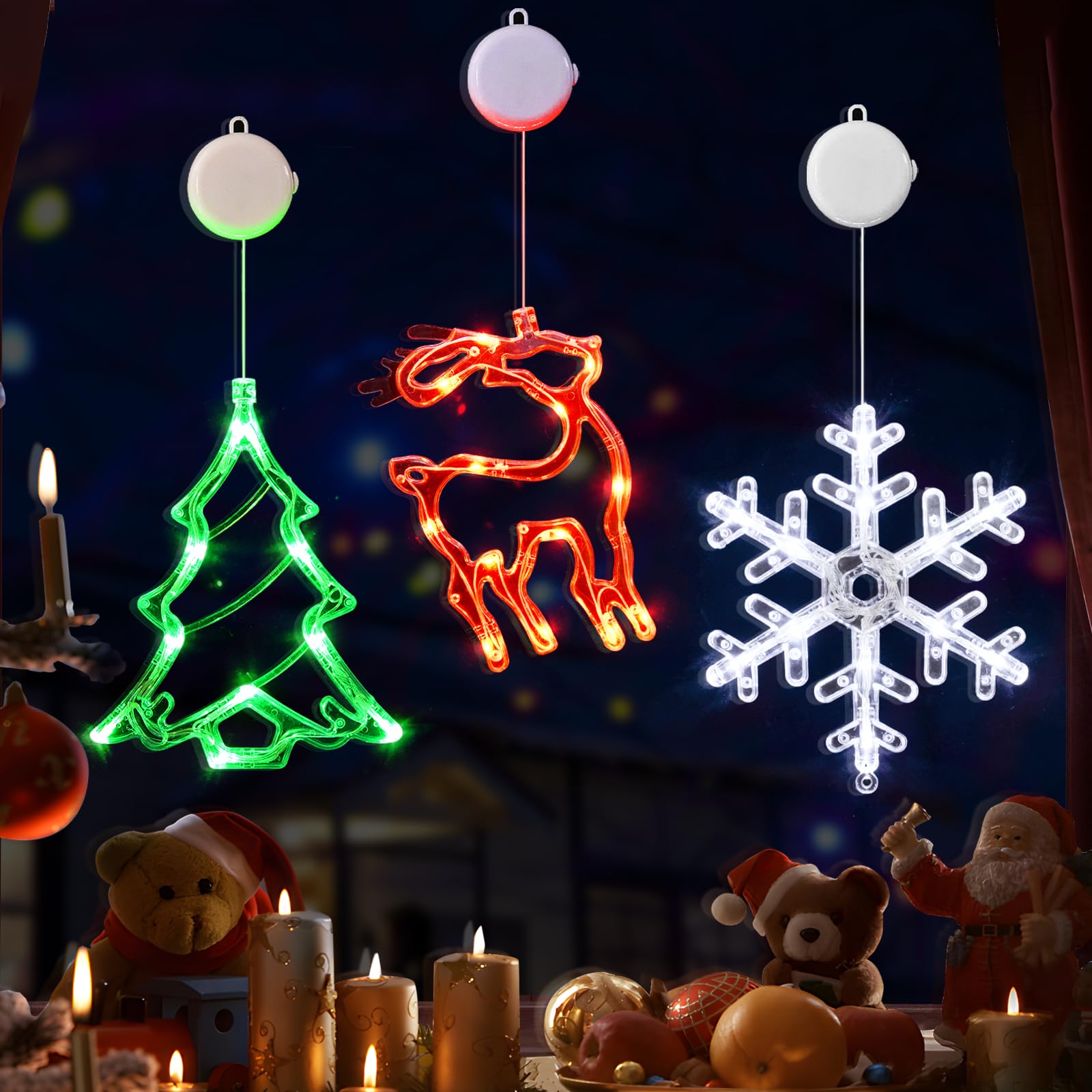 LOLStar Christmas Decorations, 3 Pack Reindeer, Christmas Tree, and Snowflake Window Lights with Suction Cup, Timer Function & S