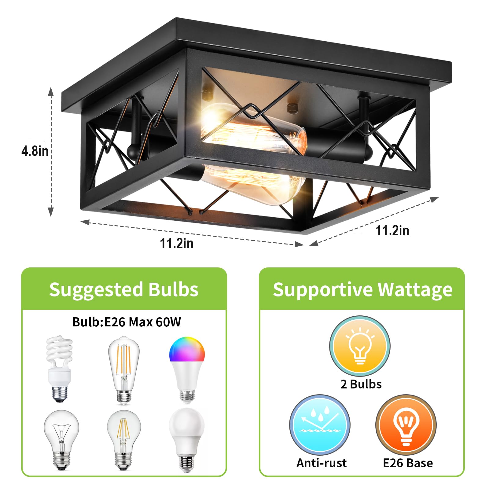 Flush Mount Ceiling Light Fixture, 2-Light Farmhouse Ceiling Lights, Porch Light, Industrial Vintage For Dining Room, Kitchen, B