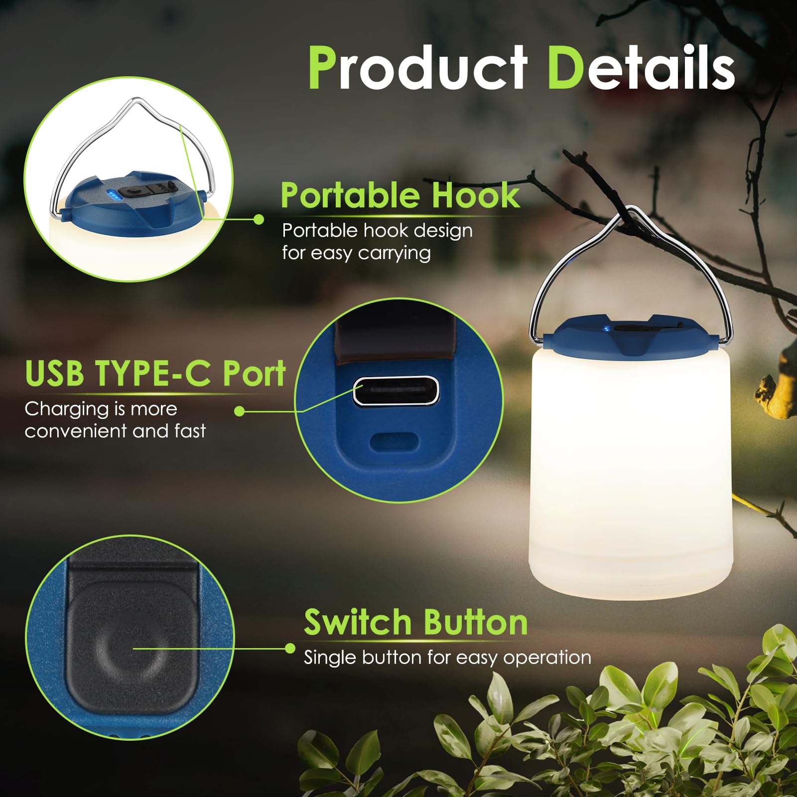 BOBKID LED Camping Lantern, Rechargeable 1000LM Light, Water Resistant, Model XQ-Y11, Blue