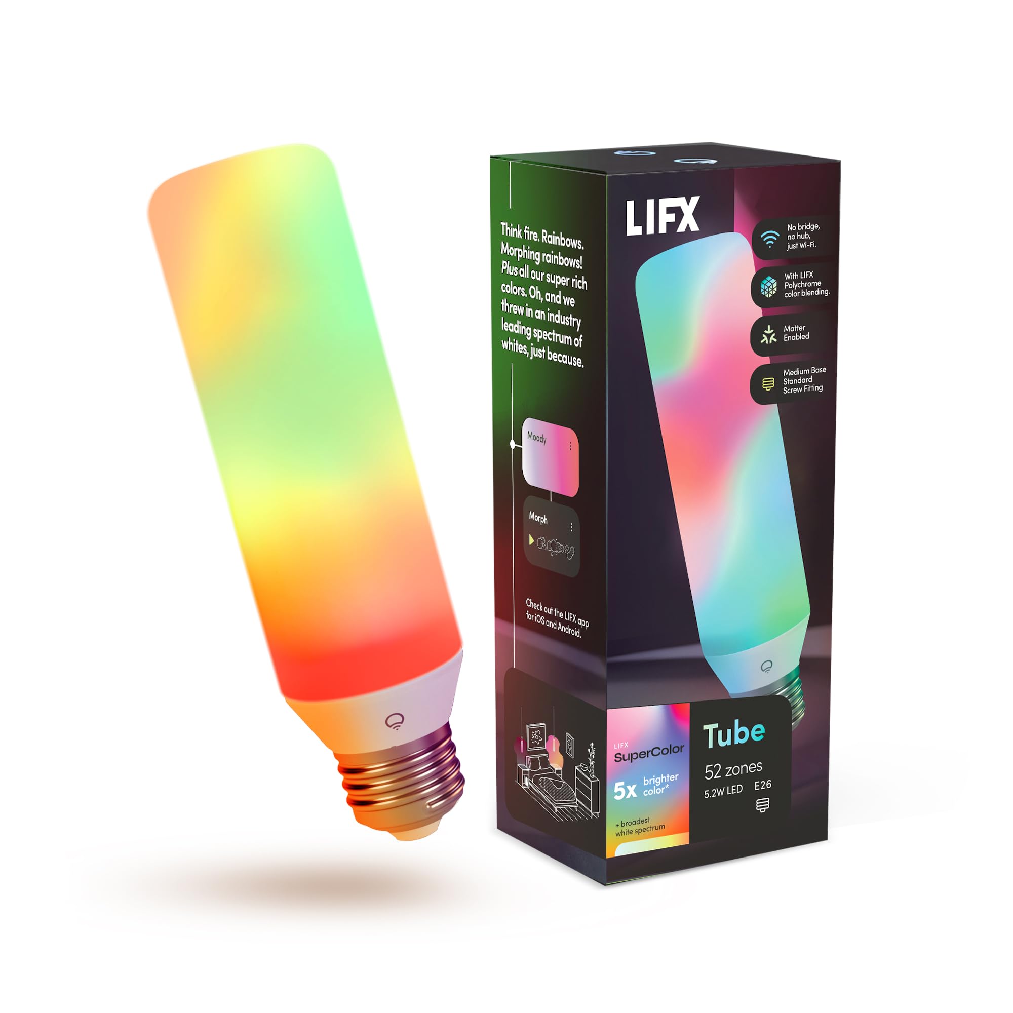LIFX T10 Tubular Smart Edison Bulb E26, Color Changing RGB + Tunable White, 52 Zones, Matter Compatible, Works with Apple HomeKi