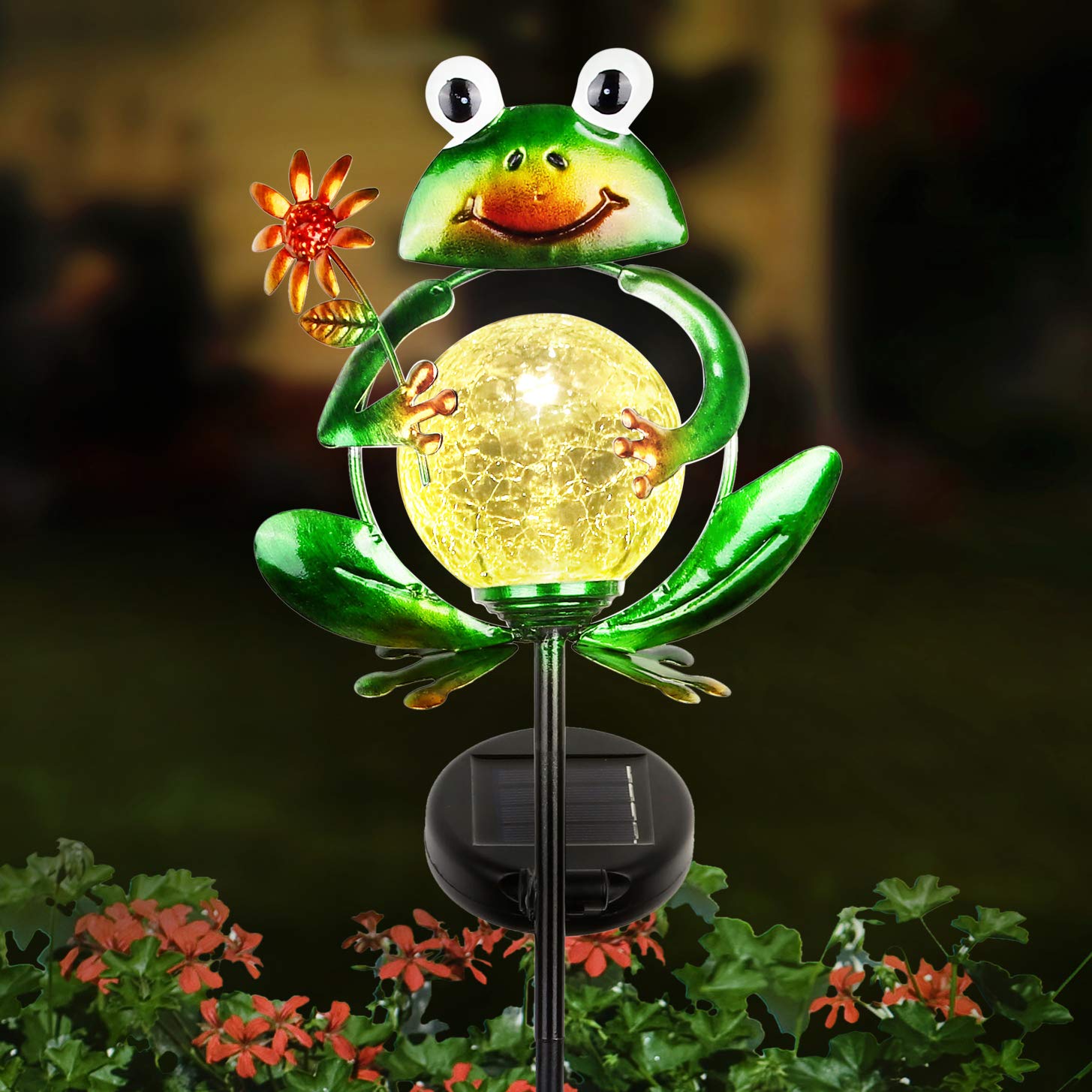 LUNSY Garden Solar Lights Outdoor Decorative  Metal Frog Shape  Waterproof Stake Lights with 2 FT  Auto ON/Off Solar Powered Light for Lawn  Backyard  Patio  Pathway