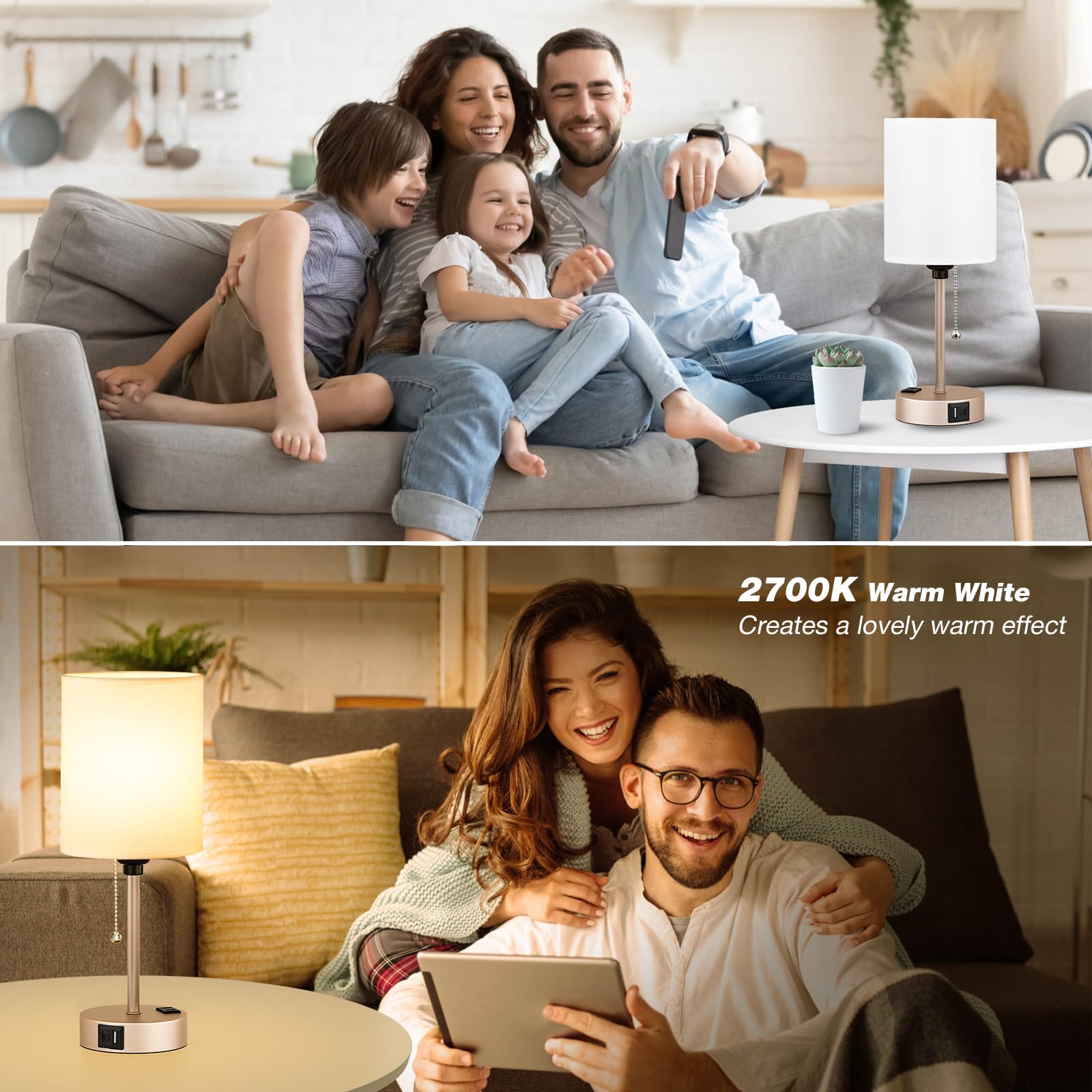Dicoool Bedside Table Lamp - 3 Color Temperatures, USB C & A Ports, AC Outlet, 14.6in, White - Light Gold, Model 15-1