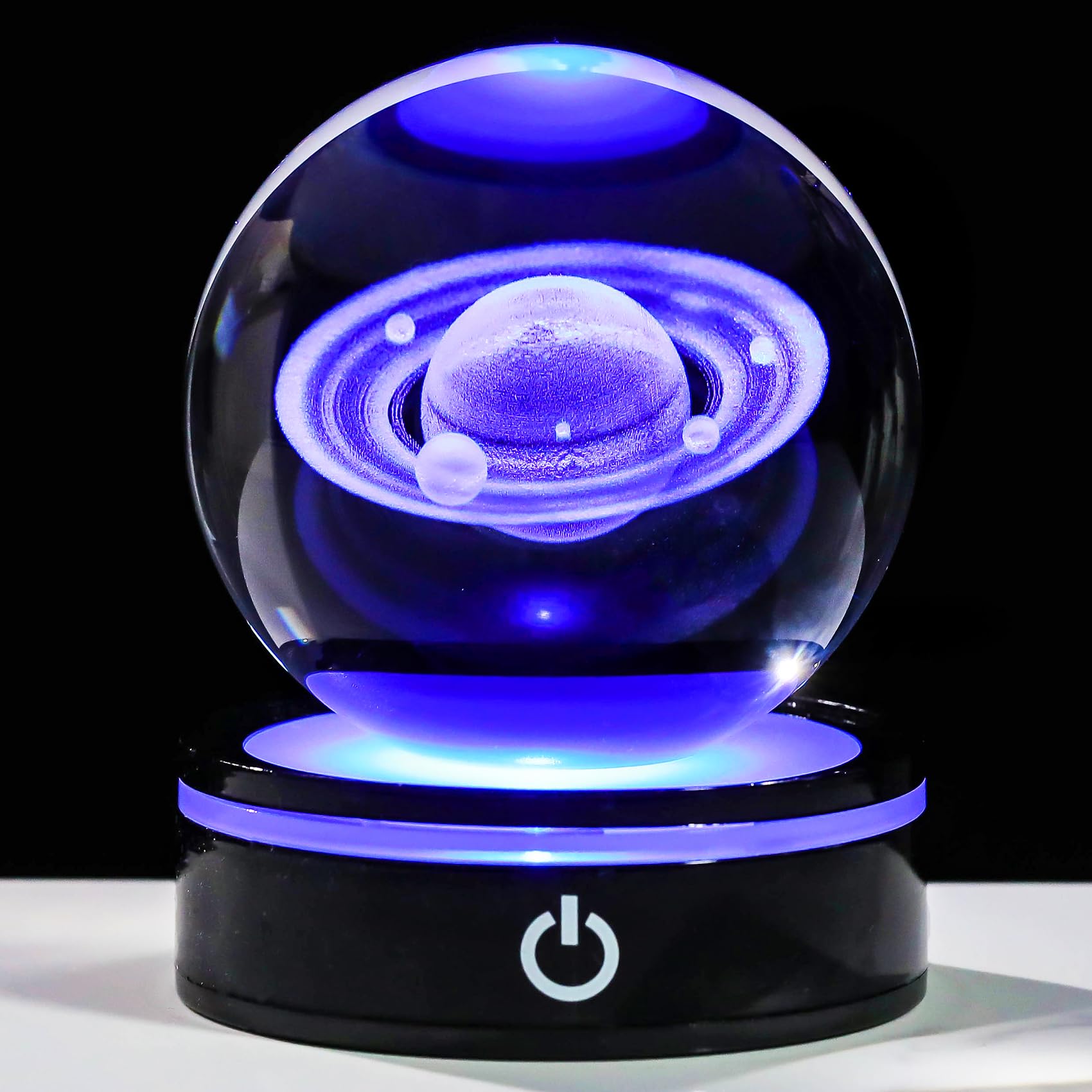 YWHL 3D Crystal Ball with LED Light Base  3D Laser Engraved Glass Sphere Galaxy Crystal Ball for Home Decorations  Planet Saturn Lamp Gifts for Mothers Day Birthday Christmas (80mm)