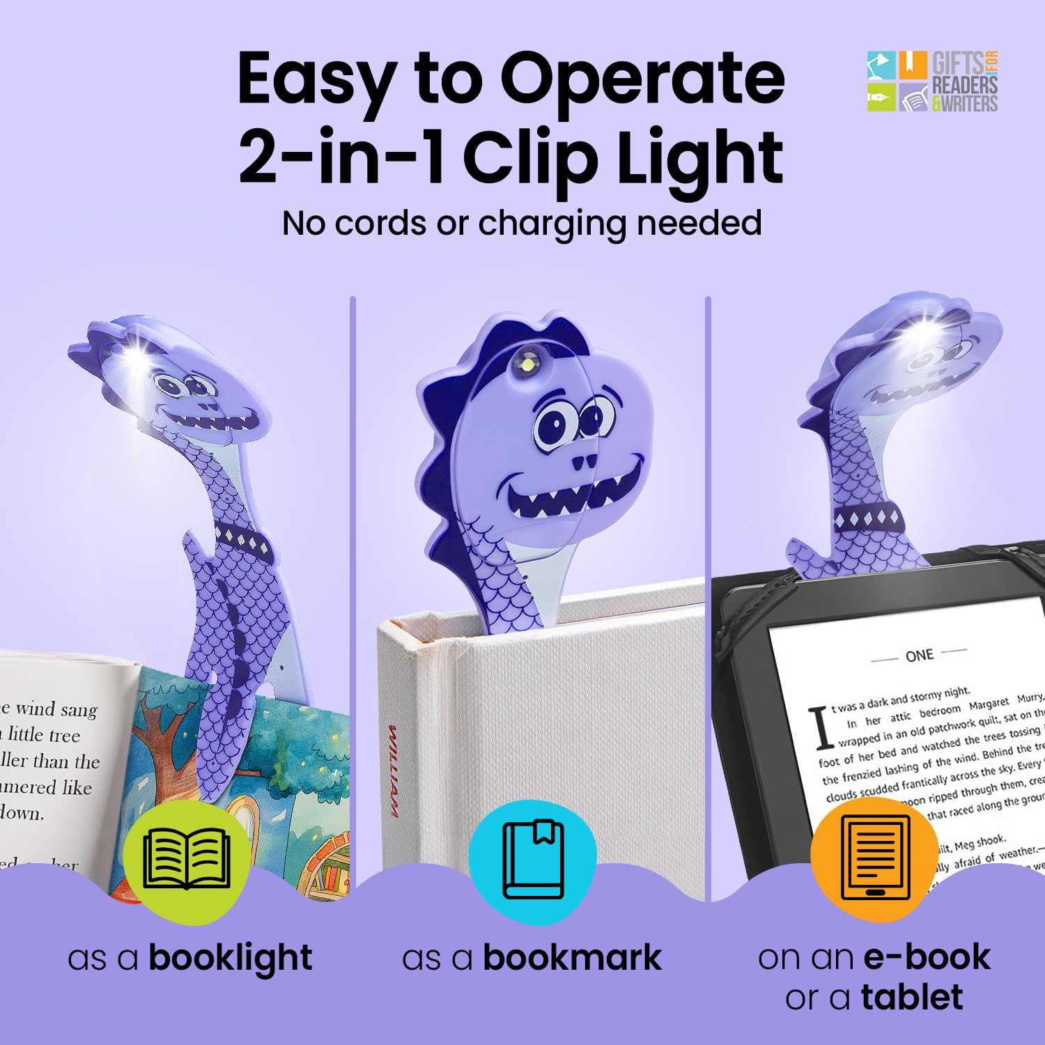 Gifts for Readers & Writers Bookmark Reading Light Dino Purple - 2in1 Clip On Bookmark Kids Book Light for Reading Night in Bed,