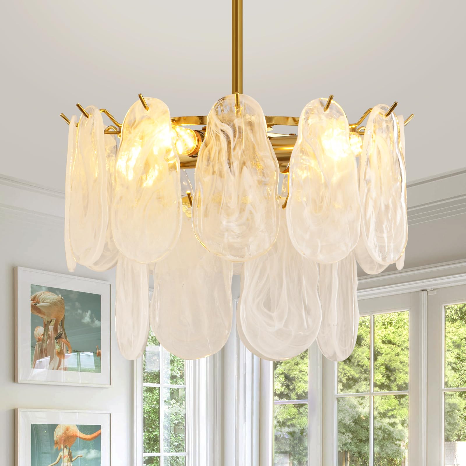 Modern Gold Cloud Glass Chandeliers, 15.7 Inches Creative Crystal Pendant Ceiling Fixture, 2 Tier Luxury Height Adjustable Chand