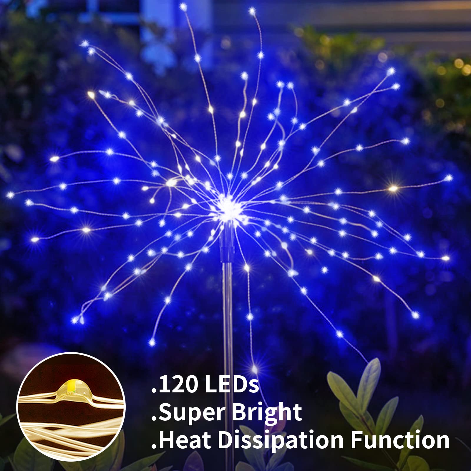 YOTOZU Solar Firework Light, 120 LED Copper Wire String, 2 Pack, Blue, Outdoor Garden Decorative Lights for Pathway and Parties