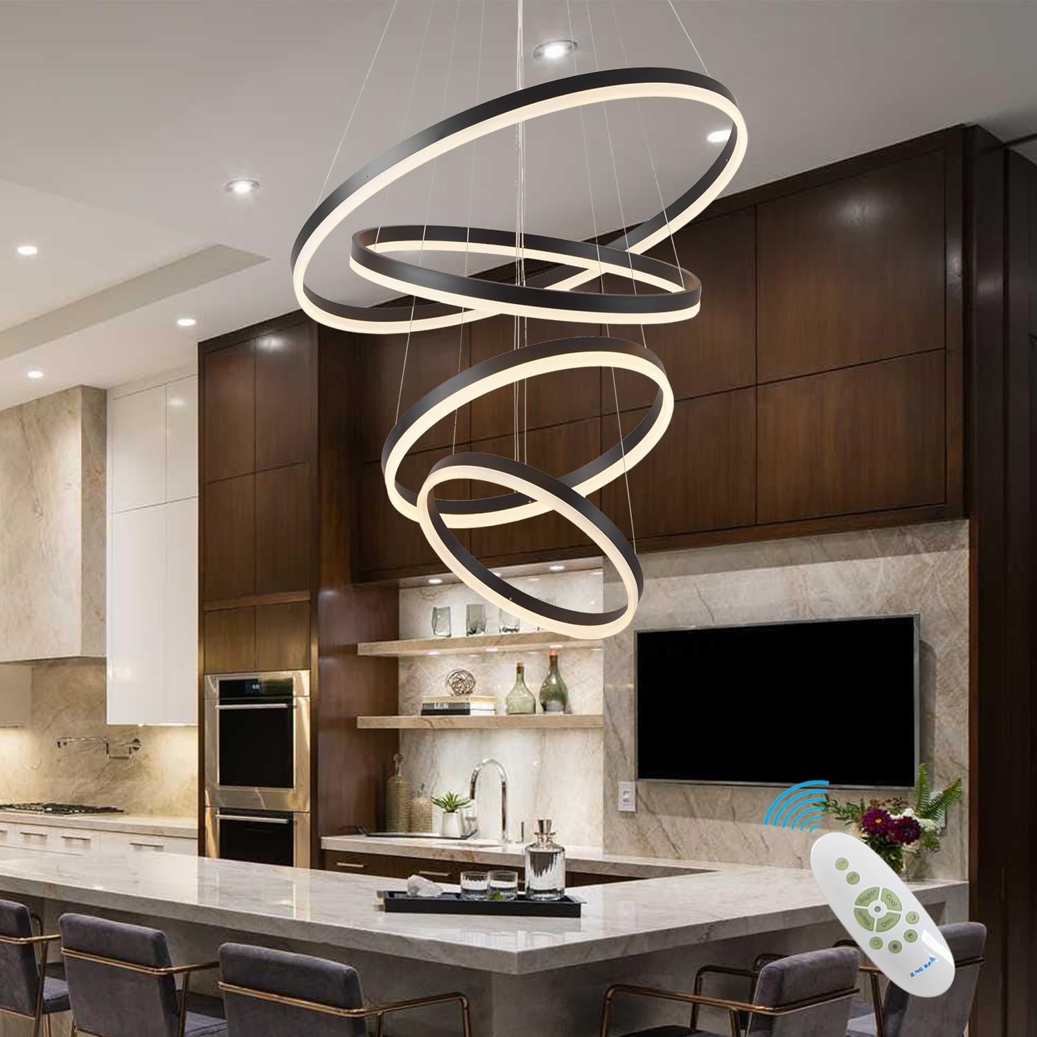 Embring Led Chandelier,4 Ring Chandelier Modern Led Pendant Light,Dimmable Black Modern Chandelier For Dining Room,Luxury High Ceiling Chandelier For Entryway,D31.5 Large Staircase Chandelier