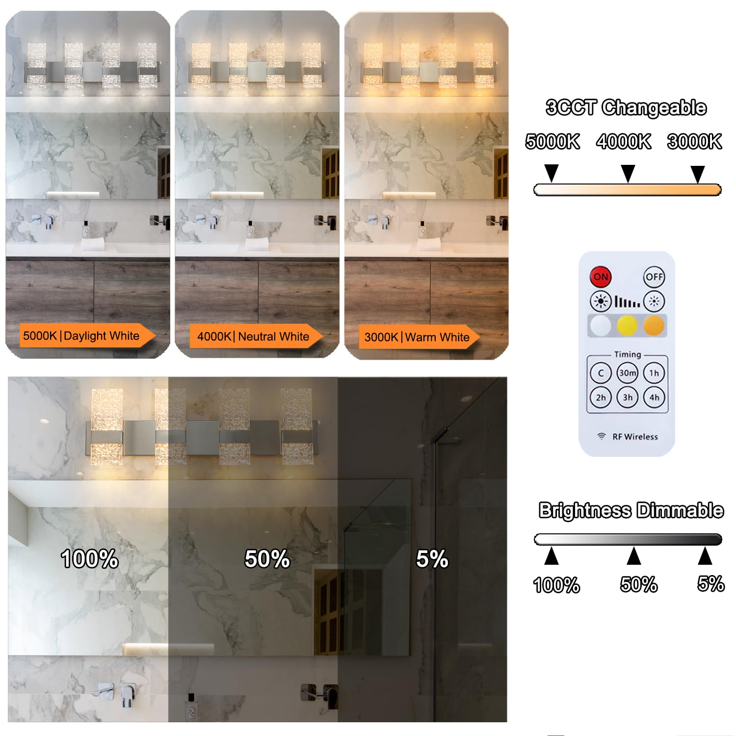 Modern Brushed Nickel 8-Lights Bathroom Vanity Light  Eleglant Nickel Led Bathroom Light Fixtures Over Mirror  Dimmable Acrylic Shade Wall Lighting Fixtures  Hardwired Wall Light(H9.25In  L28.35In)