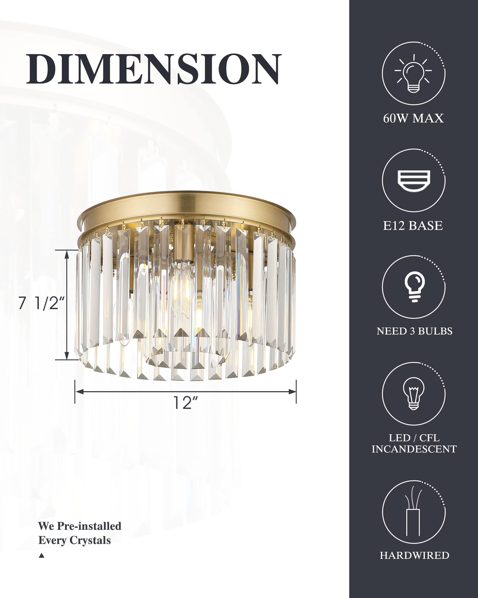 Klklch Gold Flush Mount Ceiling Light, 12 Inch Modern Crystal Light Fixture, 3-Light Semi Flush Mount Chandelier Lighting For Li