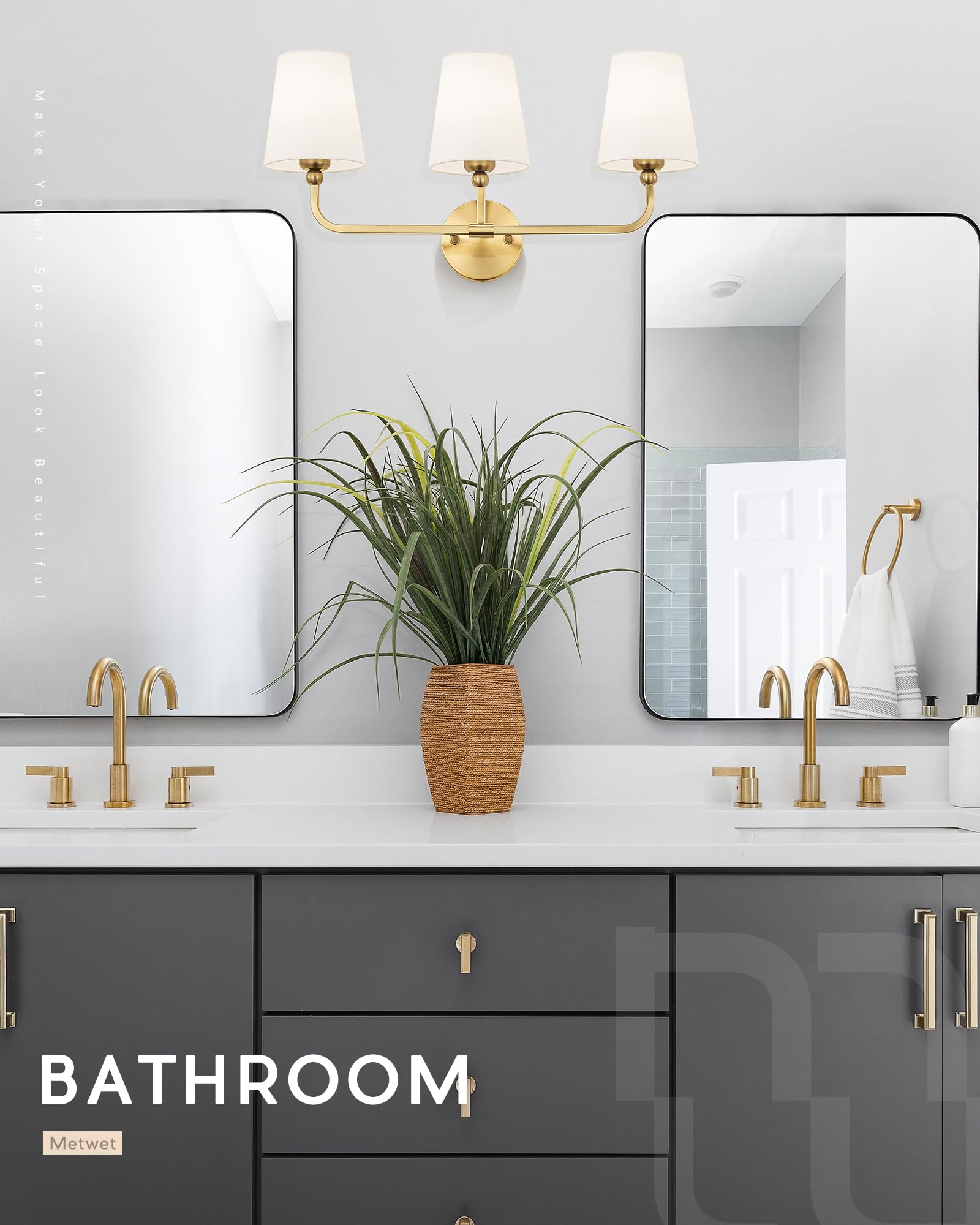 Metwet Bathroom Light Fixtures, Brushed Gold Vanity Lights With Flared White Fabric Shade, 3 Light Wall Sconce, Modern Sconces W