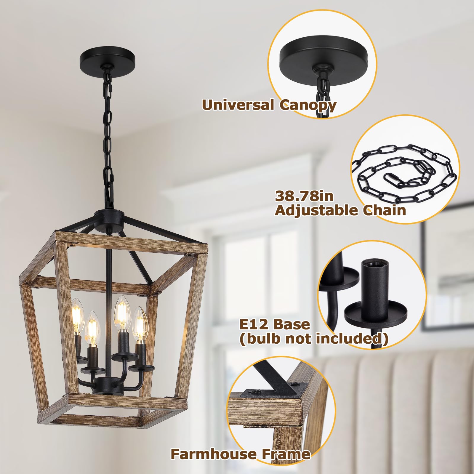 Seaside Village 4-Light Rustic Chandelier, Brown Metal Cage Lantern, Adjustable Chain, E12 Base, Model 76189 for Entryway & Kitchen