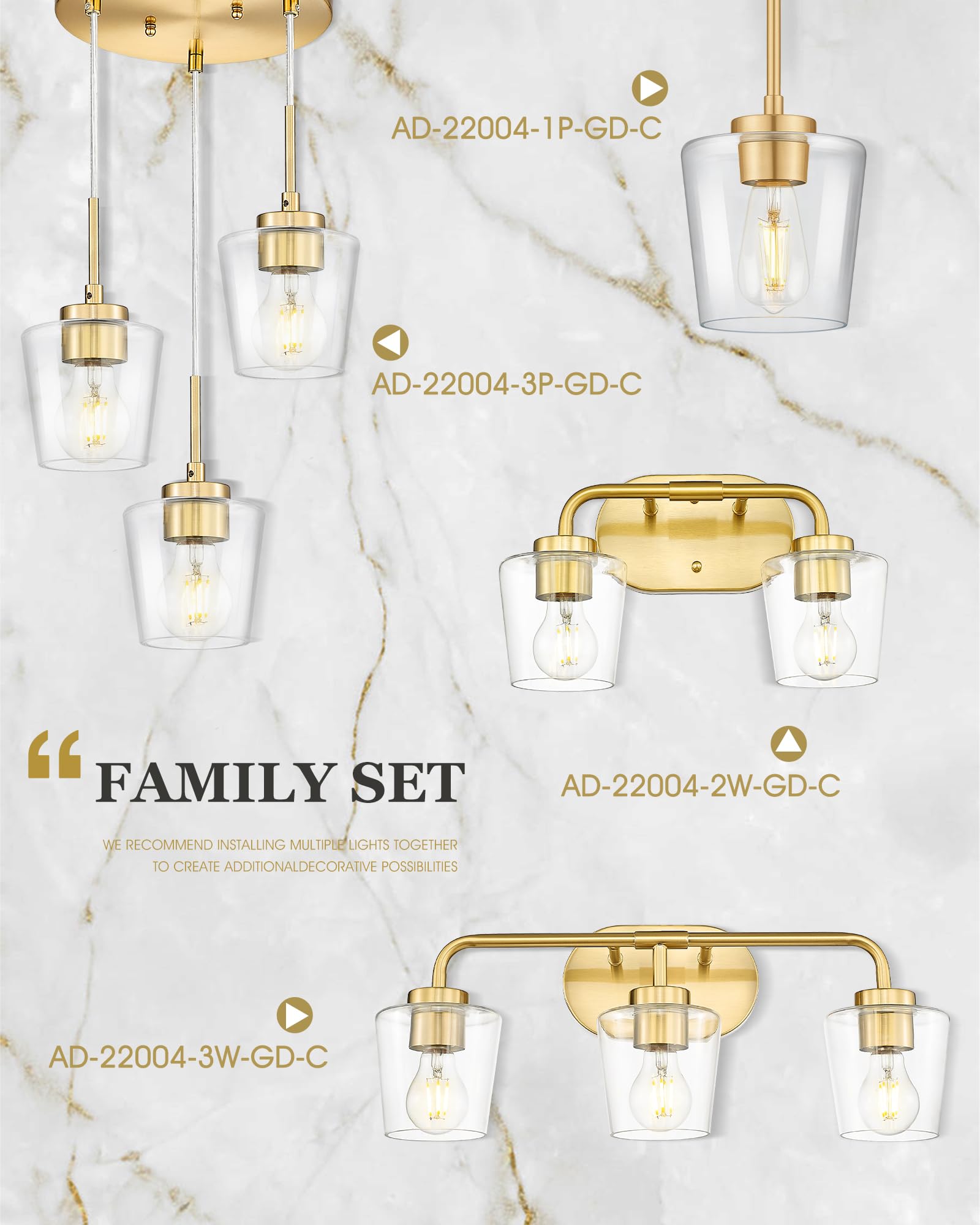 Audickic Gold Pendant Lights Kitchen Island, 6'' Hanging Lights Fixtures With Clear Glass Shade, Modern Brass Kitchen Pendant Li