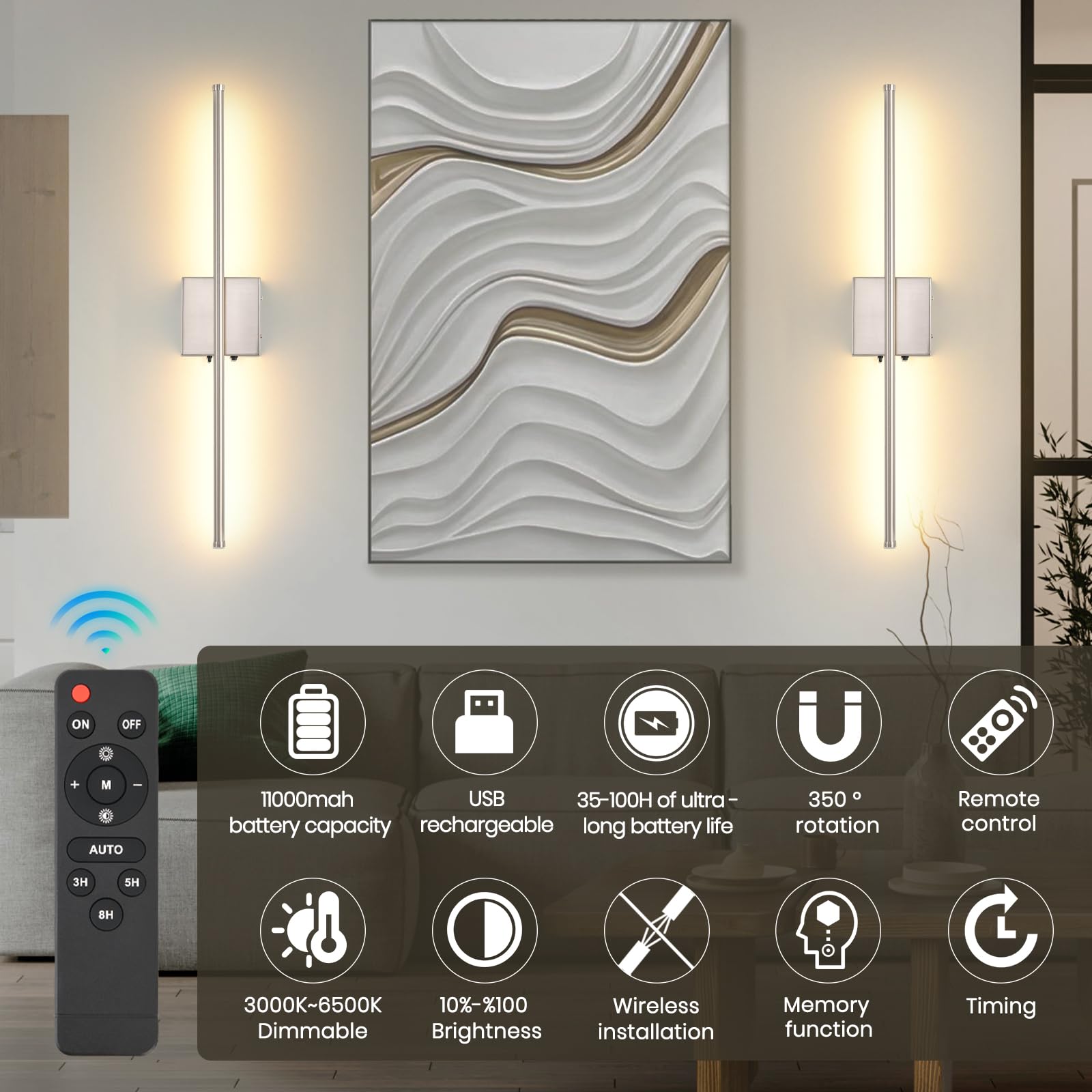 Led Wireless Battery Operated Wall Sconces, 11000Mah Rechargeable Chrome Wall Lights With Remote Control, 350Rotate Dimmable Wal