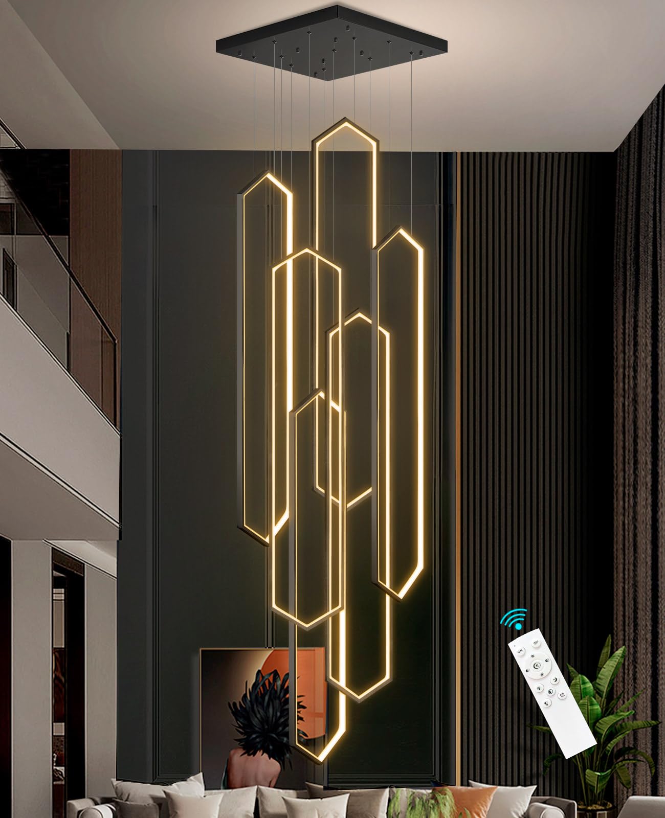 dolria 6-Rings Chandelier Modern, Black Large Contemporary LED Light for Living Room Entrance, Dimmable Flush Mount High Ceiling